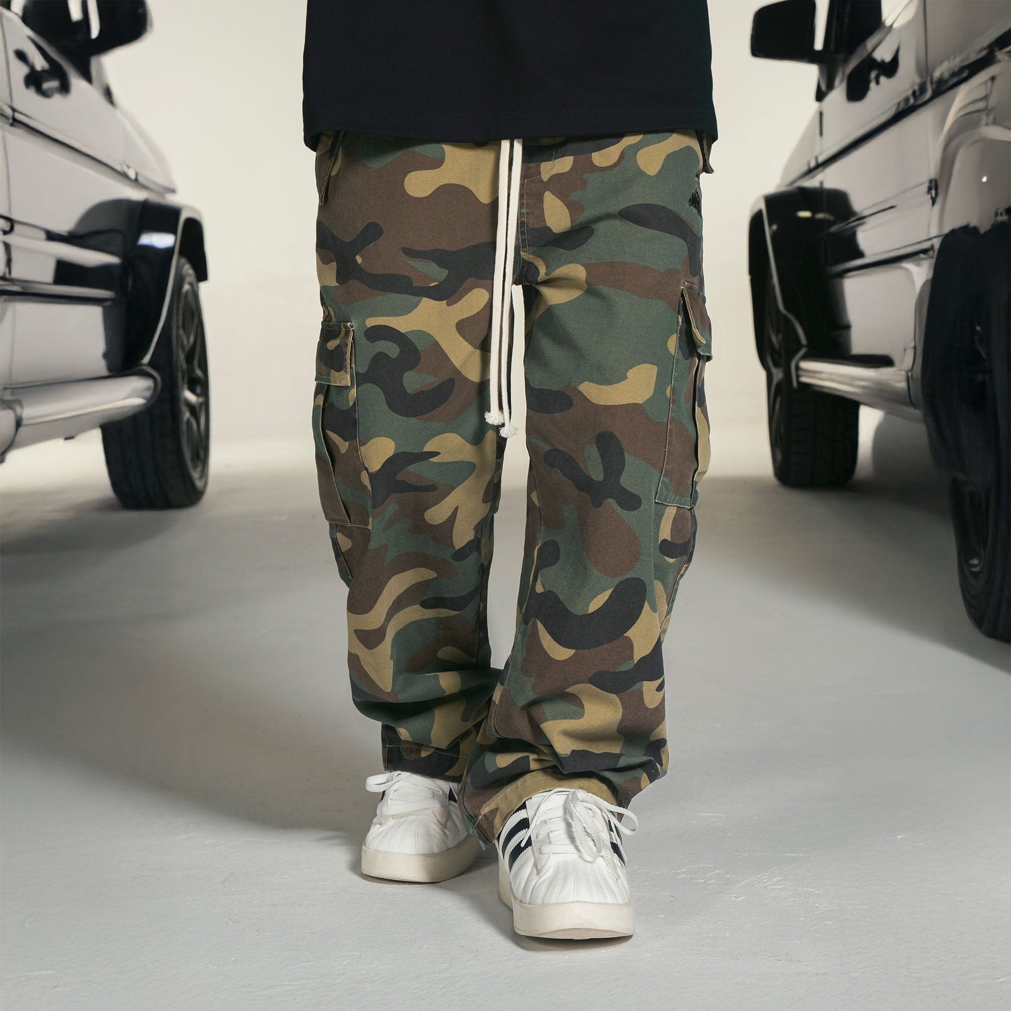 MAKEMORE Camo Drawstring Cargo Sweatpants, premium urban and streetwear designers apparel on PROJECTISR.com, MAKEMORE