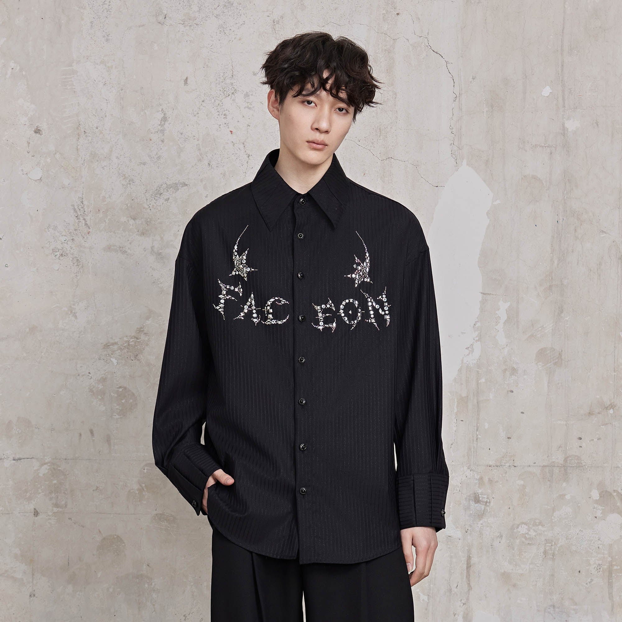 FACEONLAB Pinstriped Rivet Diamond Shirt, premium urban and streetwear designers apparel on PROJECTISR.com, FACEONLAB