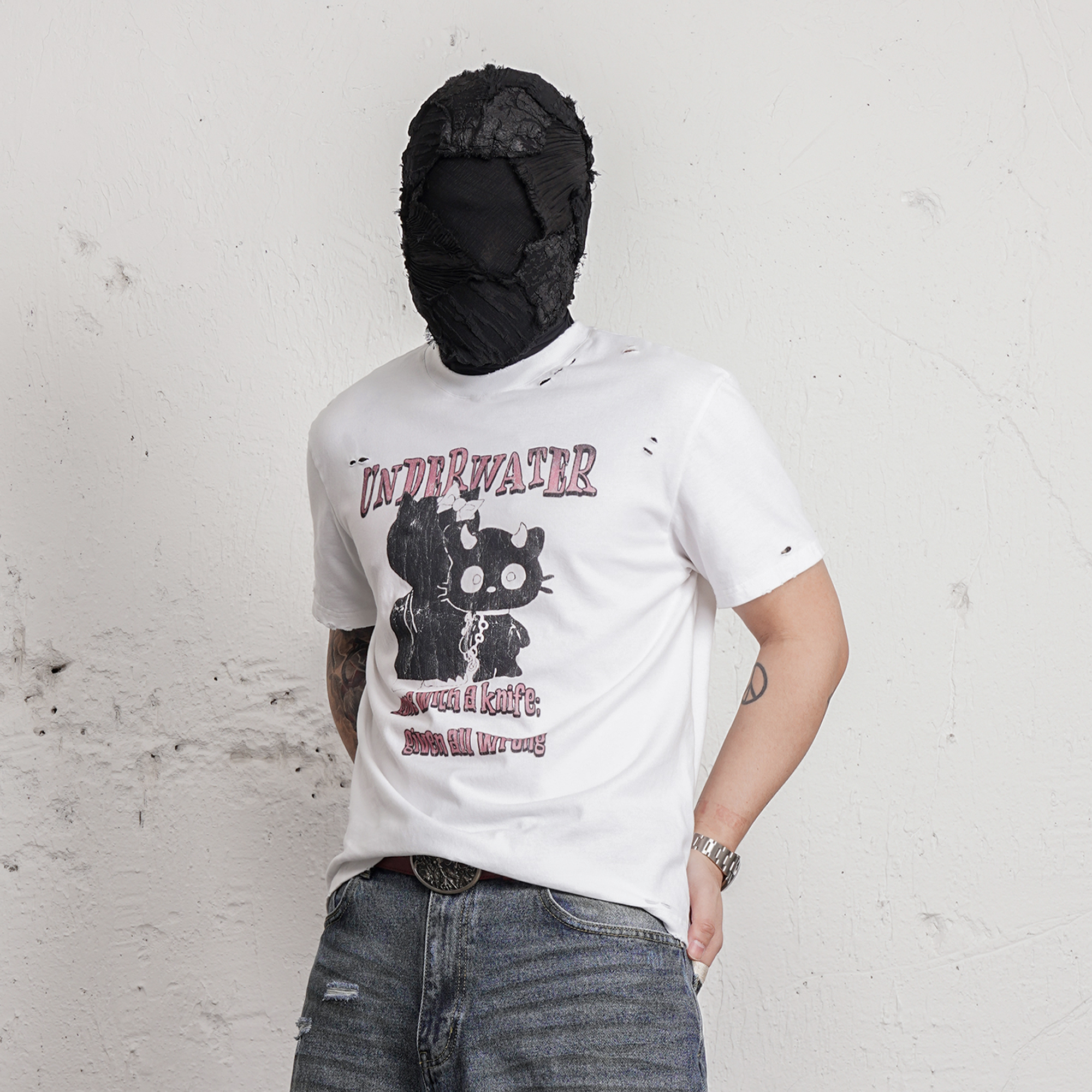 UNDERWATER Distressed Black Cat Graphic T-Shirt, premium urban and streetwear designers apparel on PROJECTISR.com, UNDERWATER