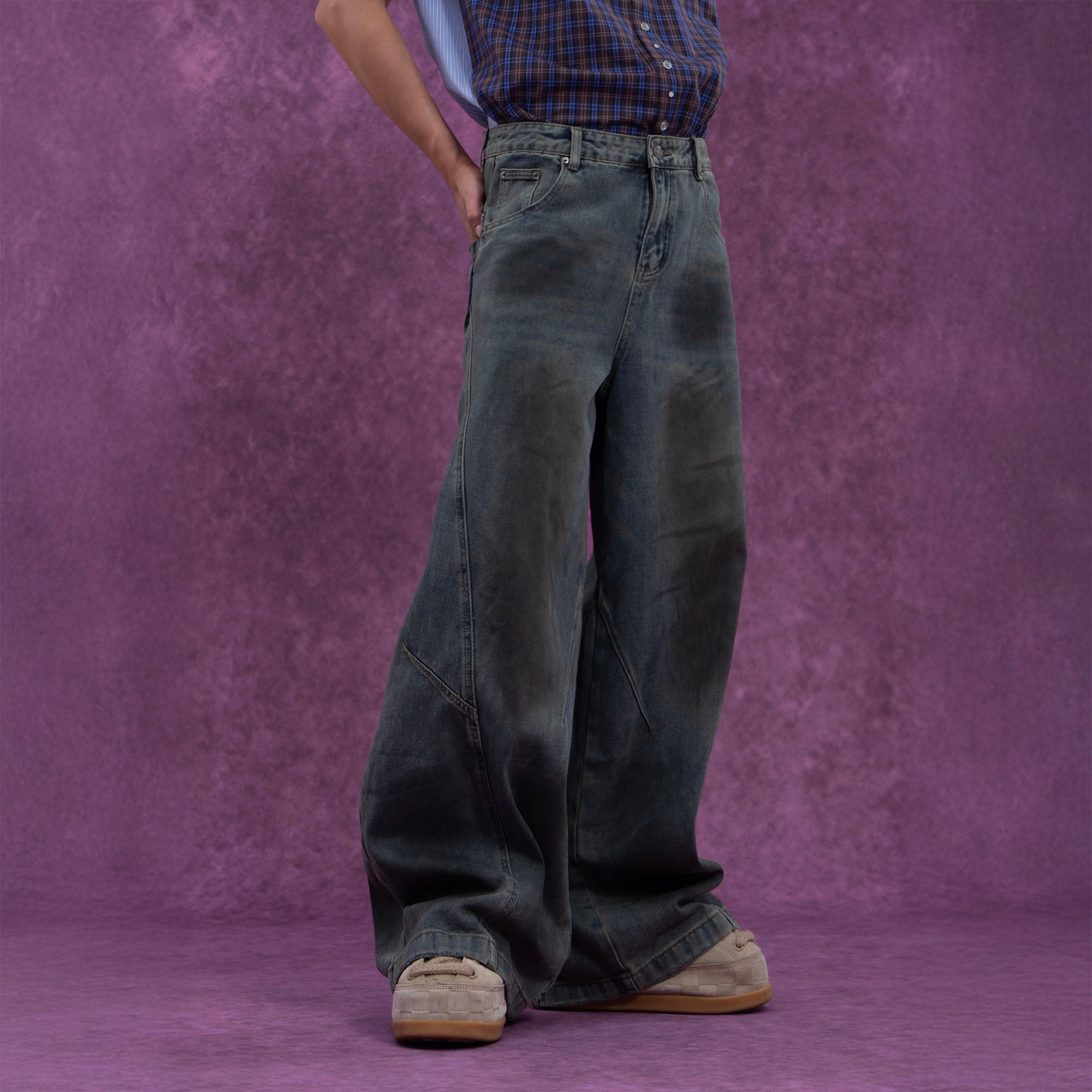 CLP Distressed Slant Panel Oversized Flared Jeans, premium urban and streetwear designers apparel on PROJECTISR.com, CLP