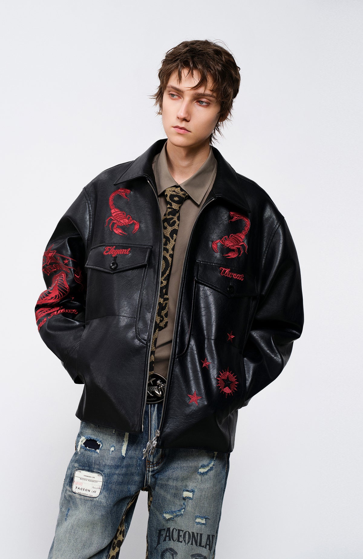 FACEONLAB Embroidered Faux Leather Jacket