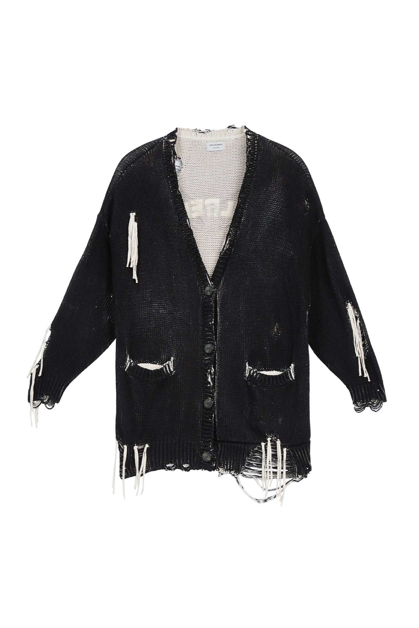 VANN VALRENCE Distressed Frayed Spray V-Neck Cardigan