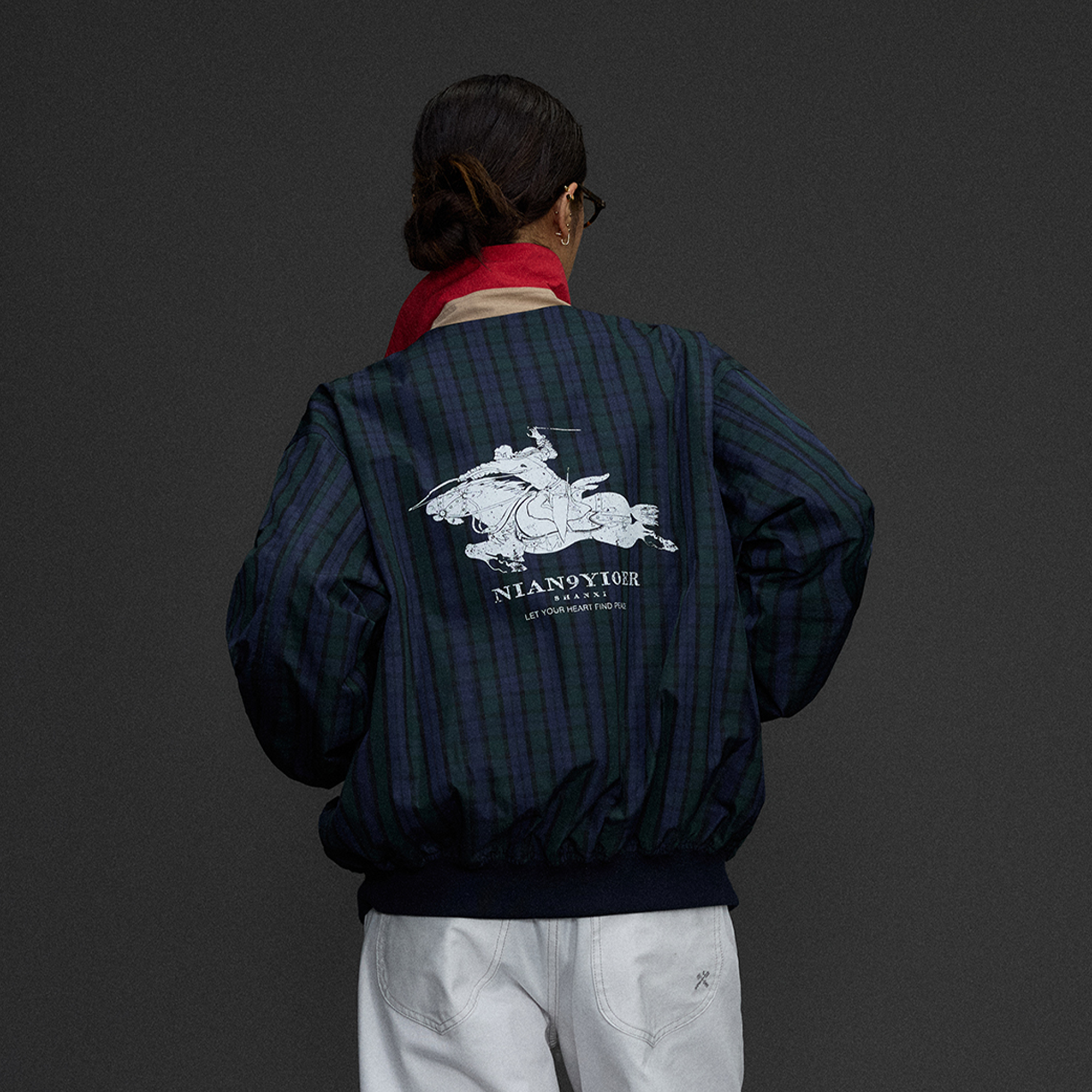 NIANJIUYIKOUER Deer Graphic Plaid Harrington Jacket, premium urban and streetwear designers apparel on PROJECTISR.com, NIANJIUYIKOUER