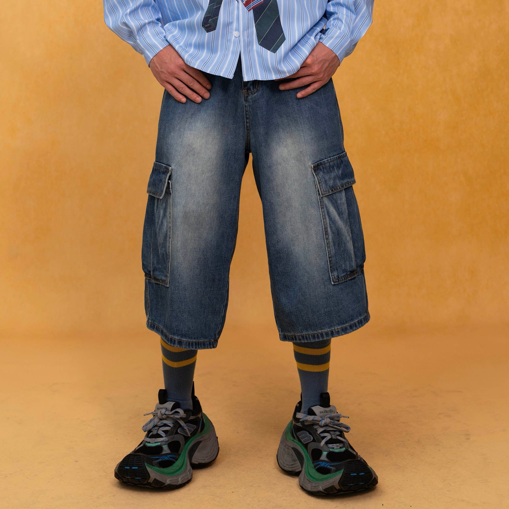 CLP Retro Multi-Pocket Knee-Length Denim Shorts, premium urban and streetwear designers apparel on PROJECTISR.com, CLP