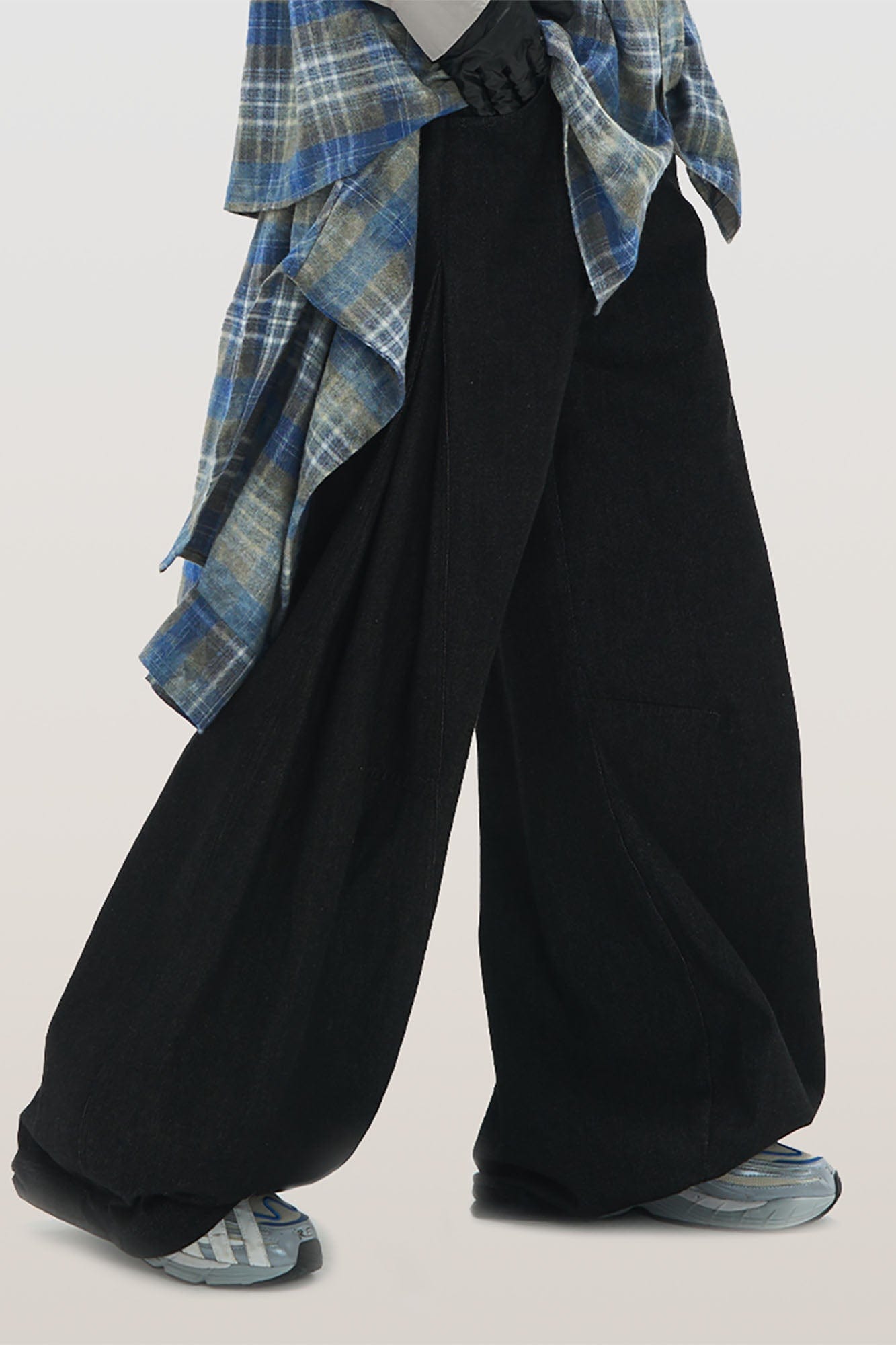 RELABEL Detachable Plaid Flap Panel Wide-Leg Pants, premium urban and streetwear designers apparel on PROJECTISR.com, RELABEL