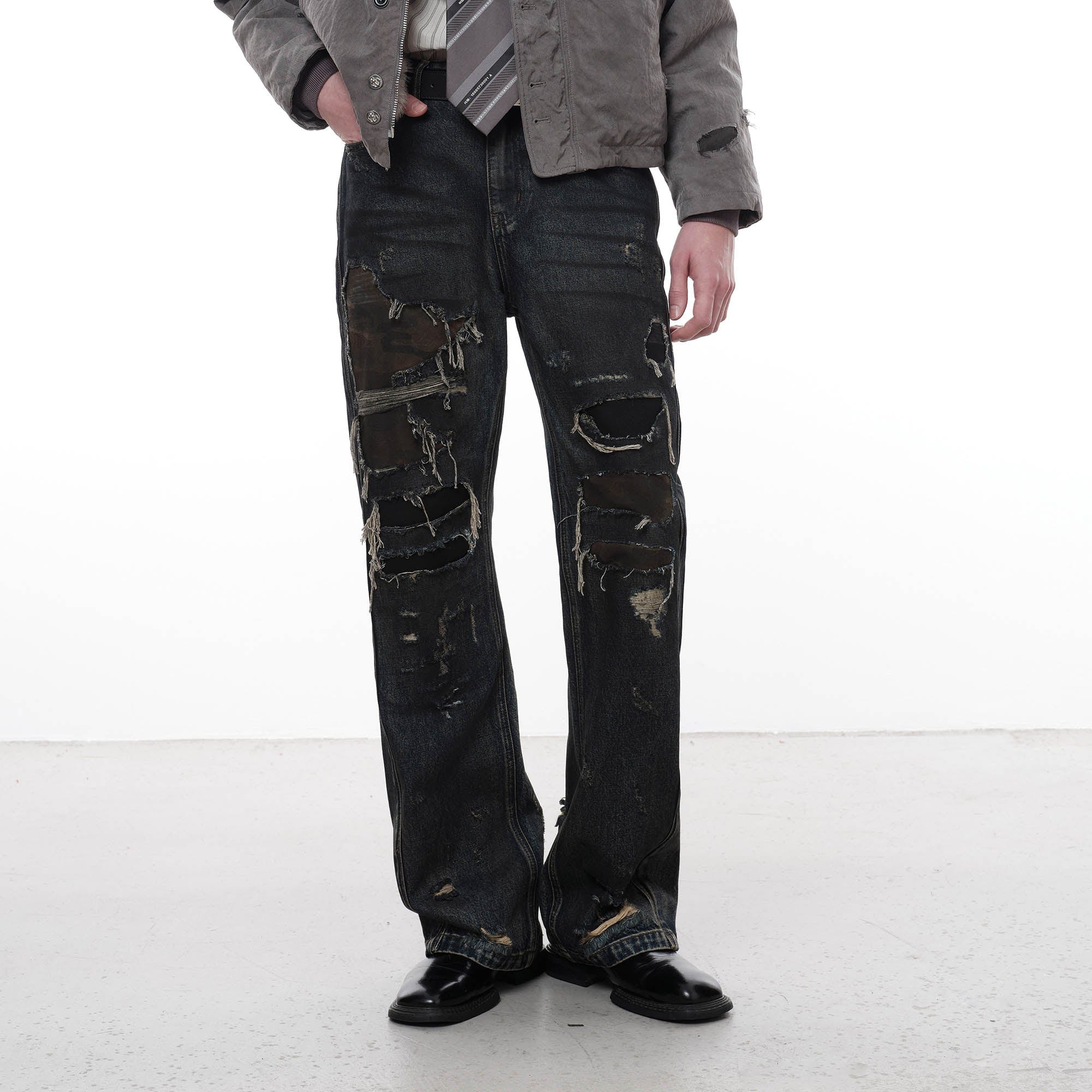 FACEONLAB Distressed Heavy Ripped Flared Jeans, premium urban and streetwear designers apparel on PROJECTISR.com, FACEONLAB
