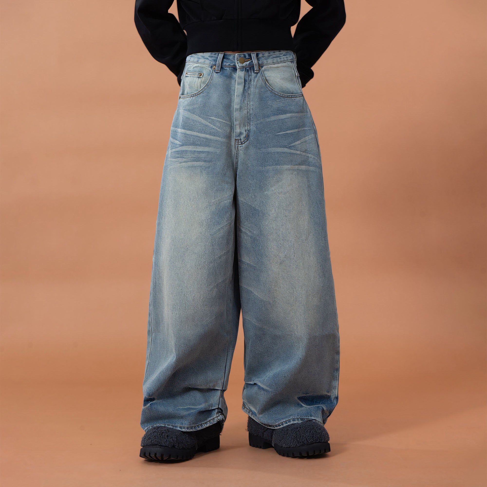 CLP Whiskering Washed Oversized Curved-Leg Jeans, premium urban and streetwear designers apparel on PROJECTISR.com, CLP