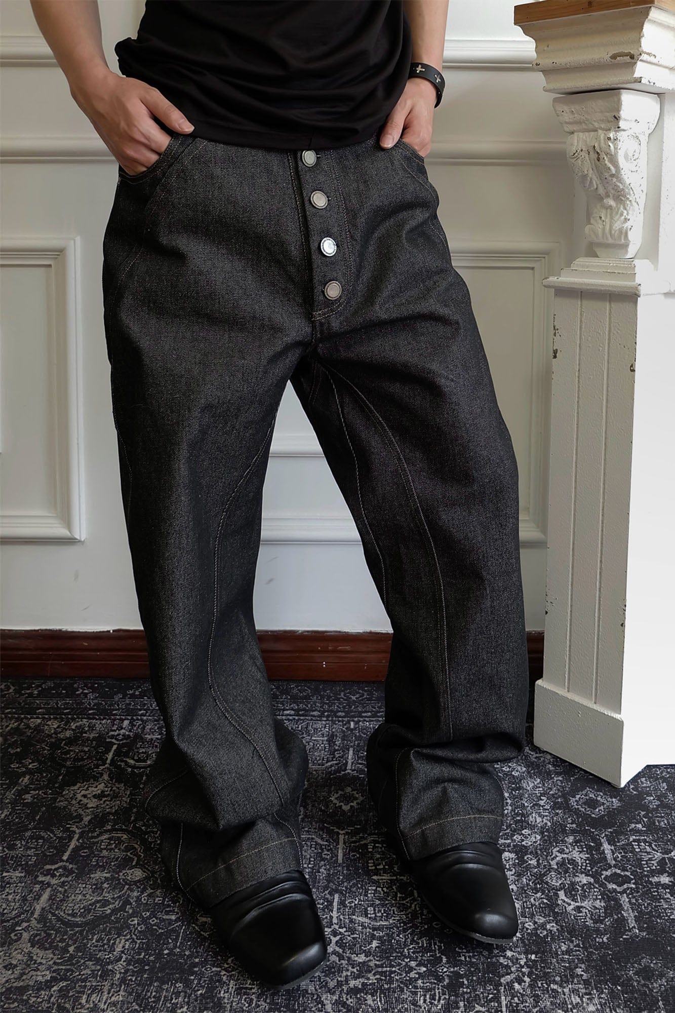 SSIN7 Spliced Button-Up Straight-Leg Raw Jeans, premium urban and streetwear designers apparel on PROJECTISR.com, SSIN7