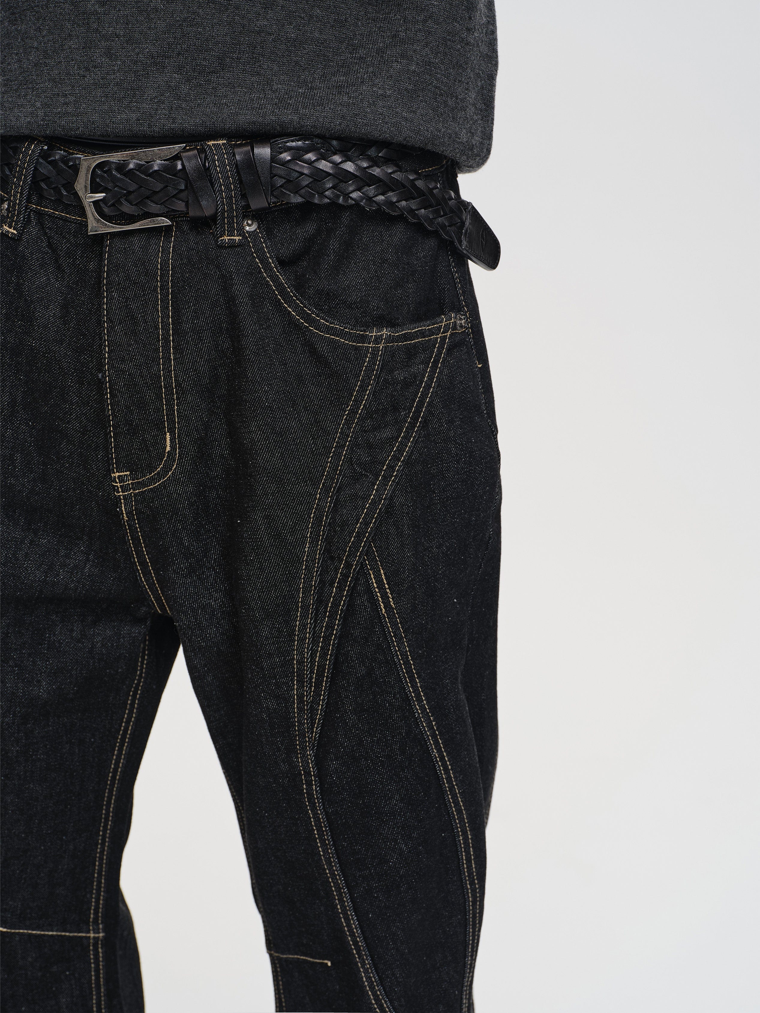 CATSSTAC Curved Panel Stitch Straight-Leg Raw Jeans, premium urban and streetwear designers apparel on PROJECTISR.com, CATSSTAC