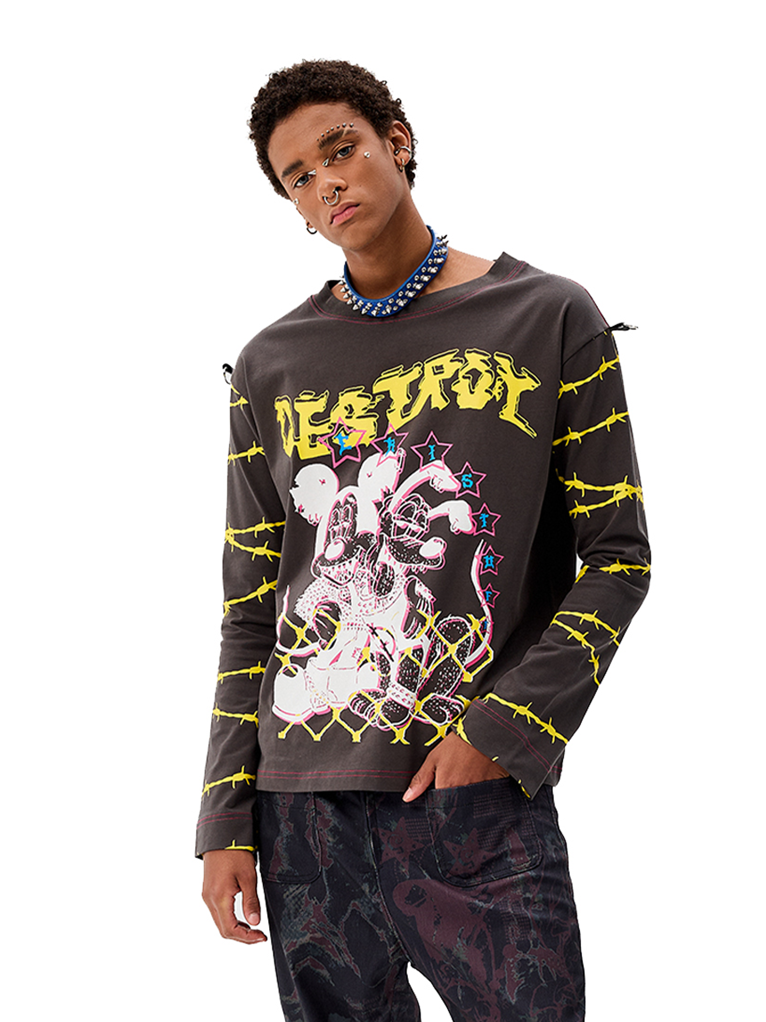 CYCYCY Punk Cartoon Mouse Graphic Long-Sleeve Tee