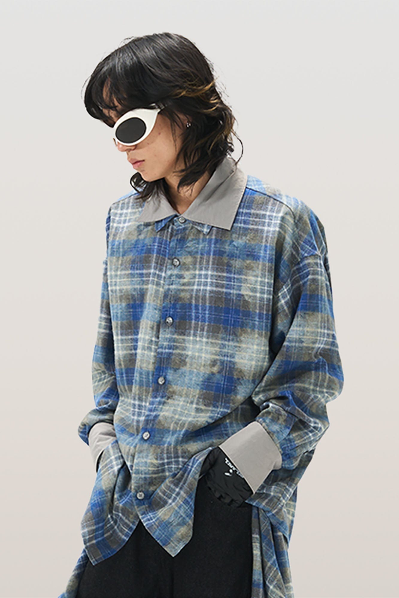 RELABEL Washed Plaid Tie-Dye Contrast-Collar Shirt, premium urban and streetwear designers apparel on PROJECTISR.com, RELABEL
