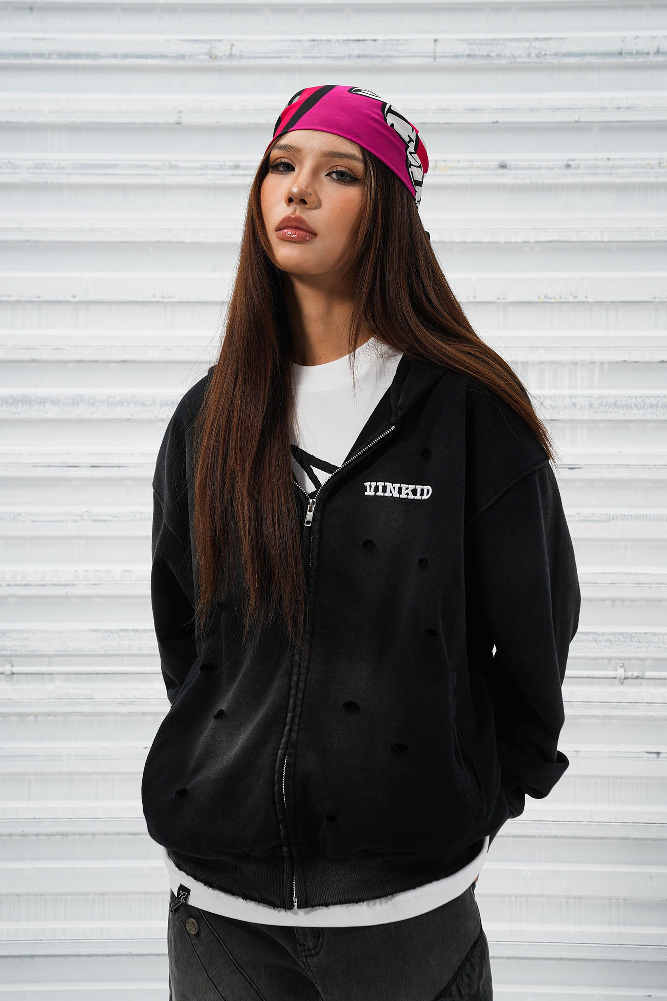 VINKID Distressed Worn Logo Zip Hooded Jacket, premium urban and streetwear designers apparel on PROJECTISR.com, VINKID