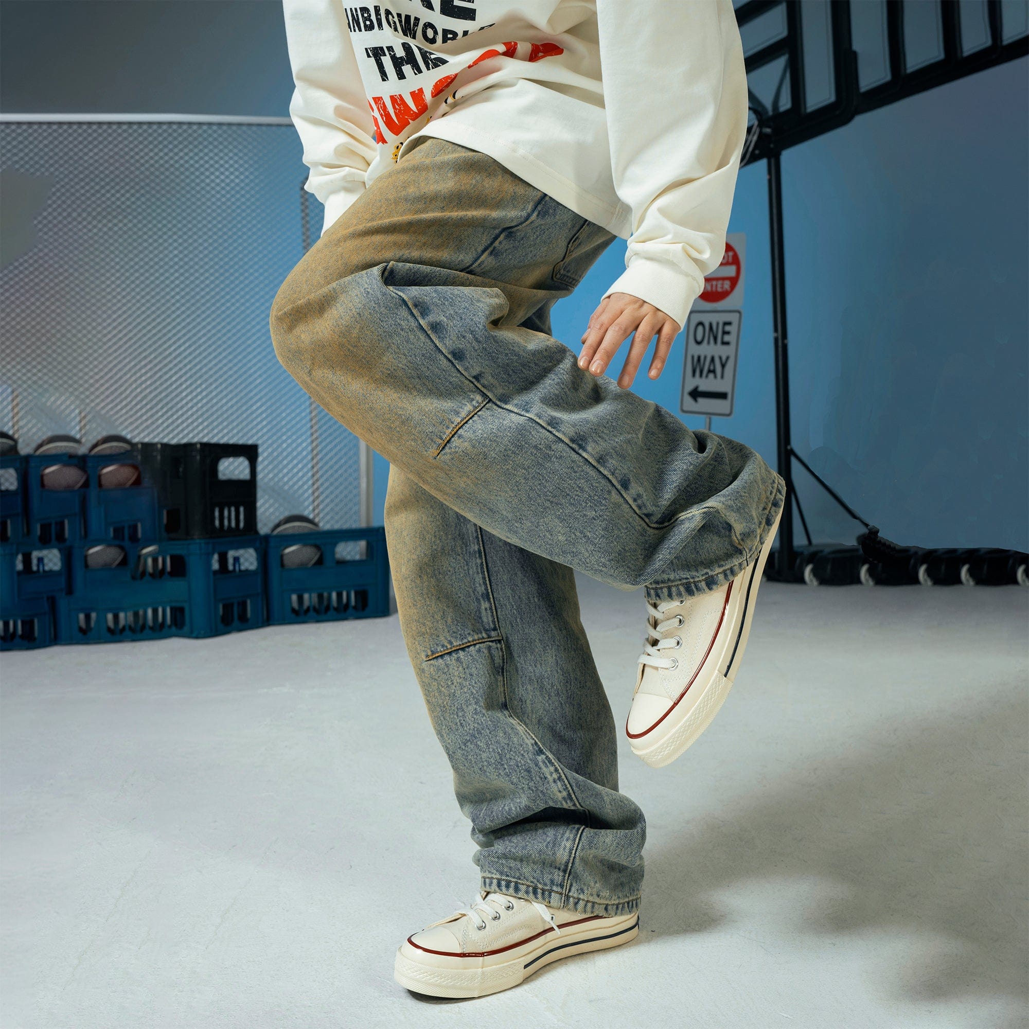 MAKEMORE Classic Acid Washed Crinkled Jeans, premium urban and streetwear designers apparel on PROJECTISR.com, MAKEMORE