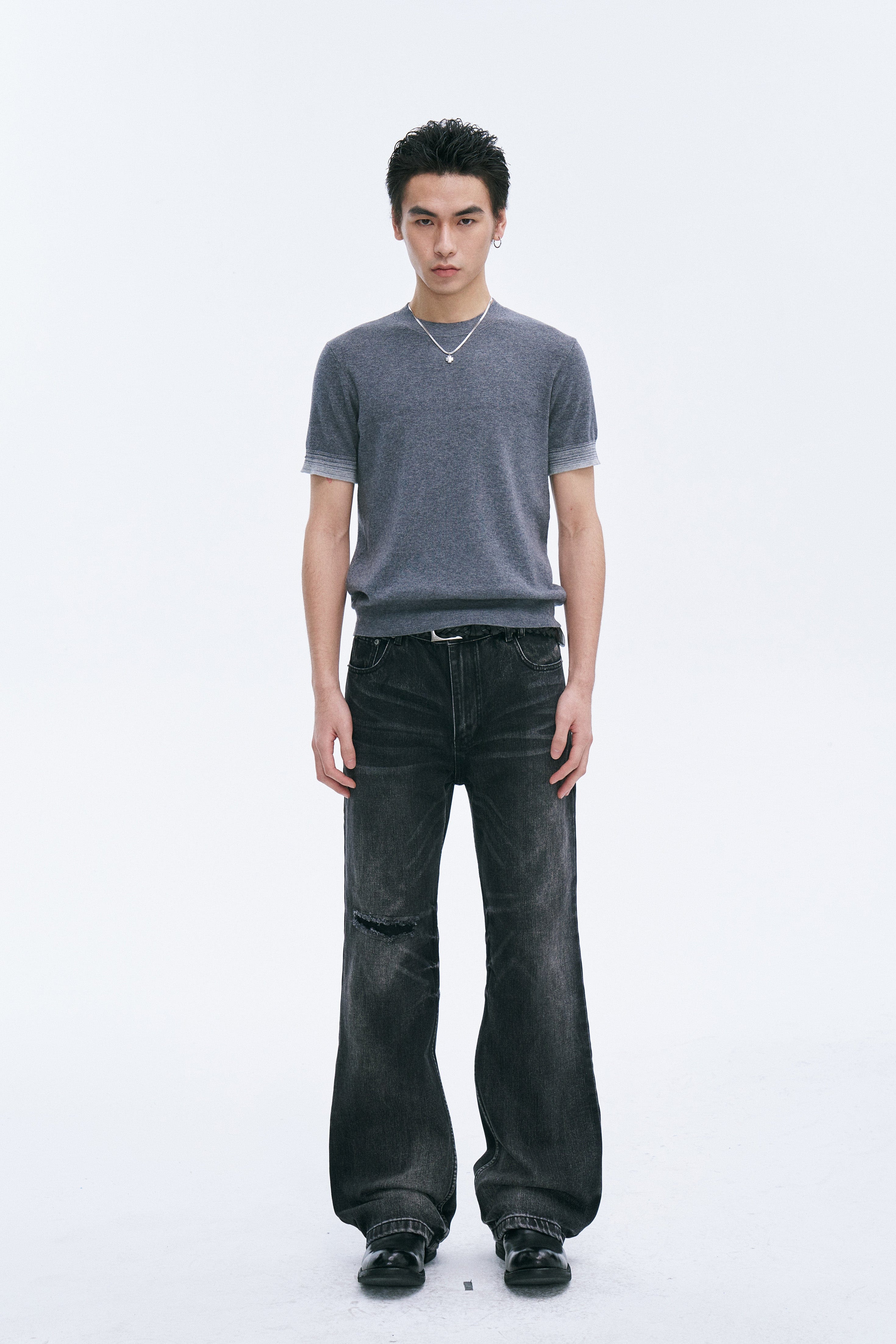 CATSSTAC Whisker Washed Frayed Straight-Leg Jeans, premium urban and streetwear designers apparel on PROJECTISR.com, CATSSTAC