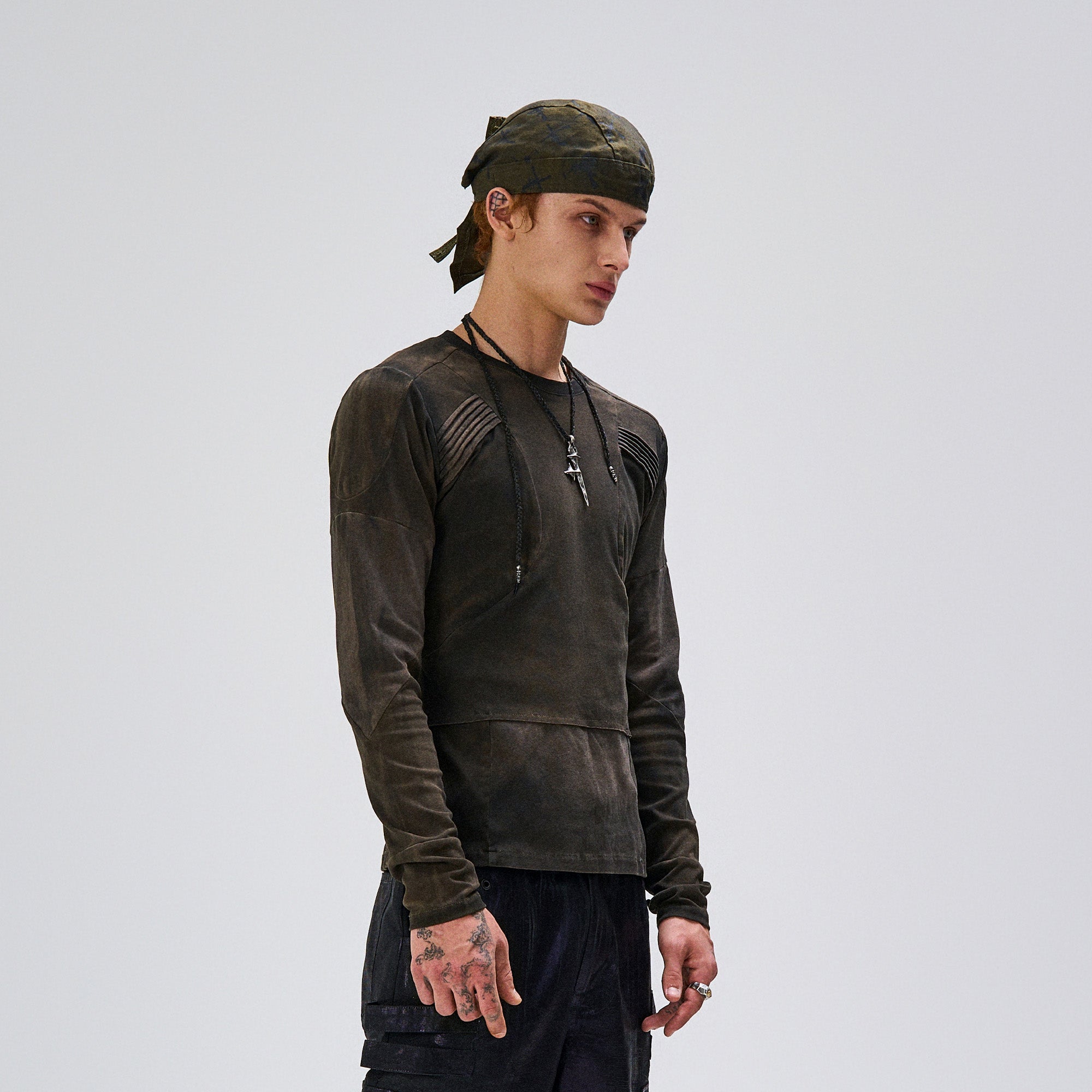 FLYERRER Washed Panelled Slim-Fit Long-Sleeve Tee, premium urban and streetwear designers apparel on PROJECTISR.com, FLYERRER