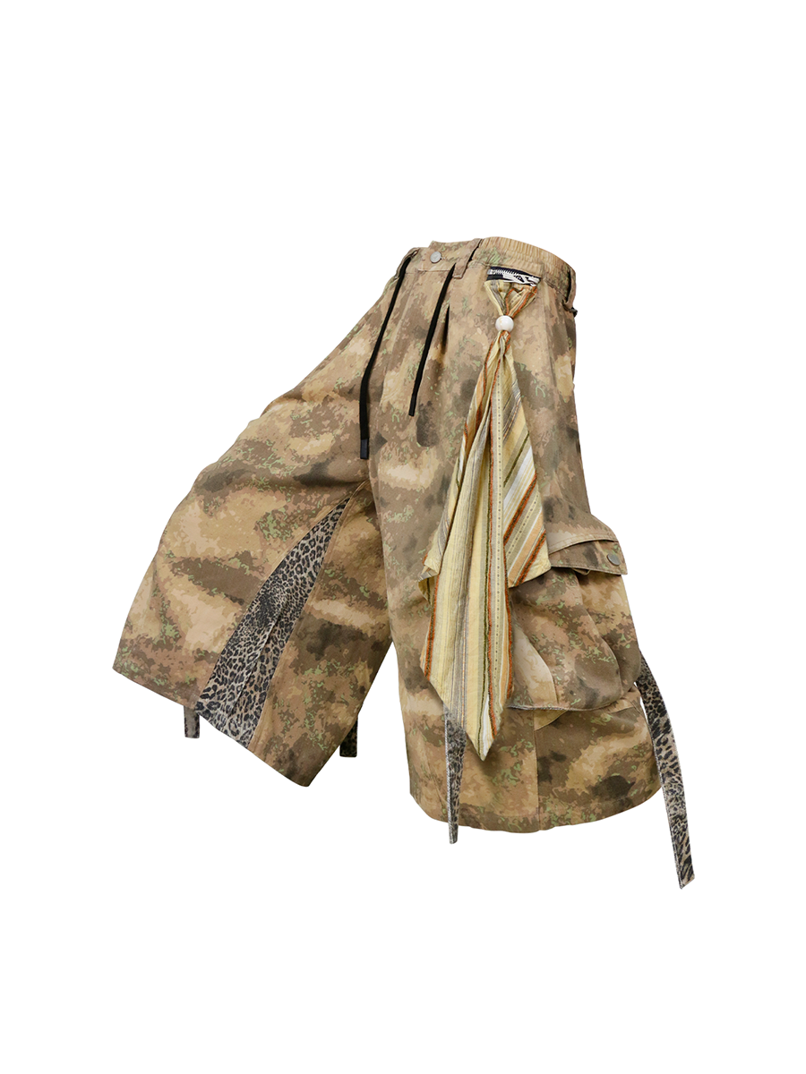 RELABEL Detachable Scarf Camo Leopard Panel Oversized Shorts, premium urban and streetwear designers apparel on PROJECTISR.com, RELABEL