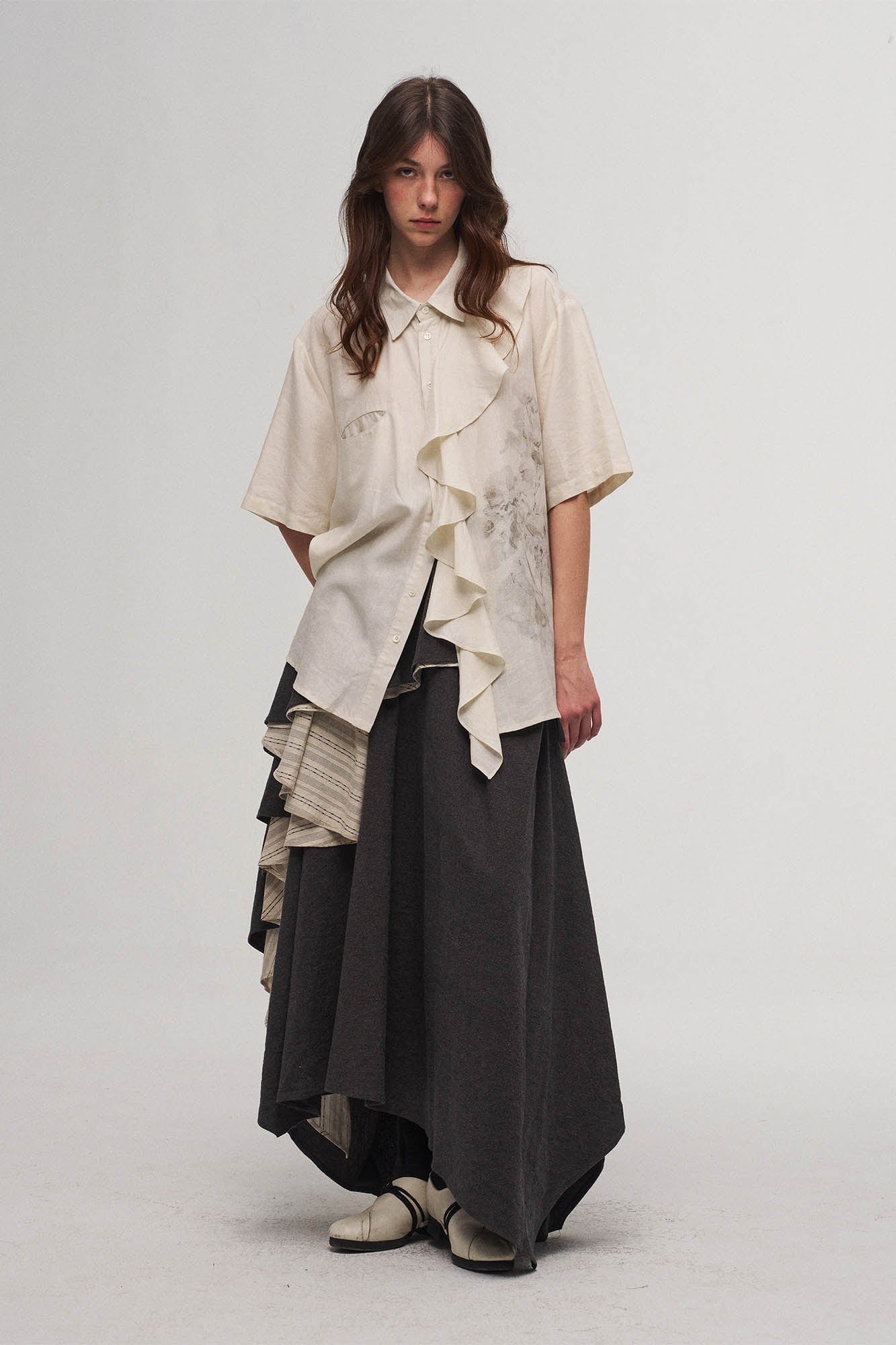 ILNya Nieternite Nifutur Asymmetrical Layered Stripe Ruffled Maxi Skirt, premium urban and streetwear designers apparel on PROJECTISR.com, ILNya Nieternite Nifutur