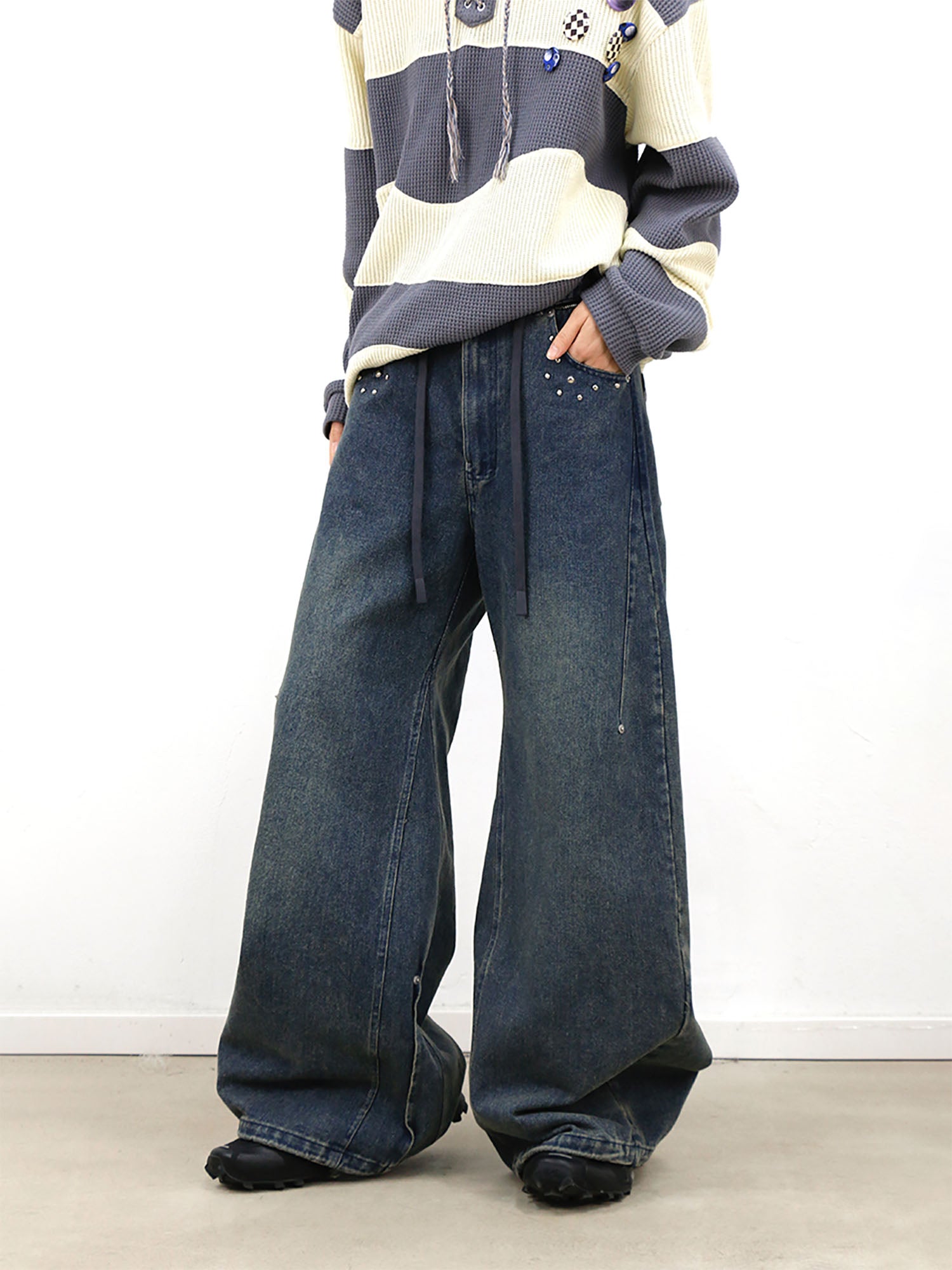 RELABEL Washed Studded Panel Oversized Jeans Blue, premium urban and streetwear designers apparel on PROJECTISR.com, RELABEL