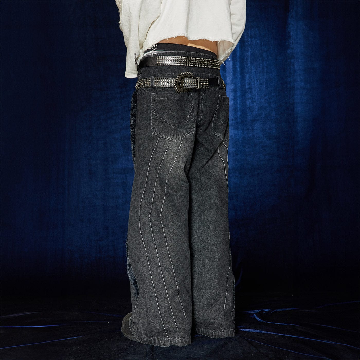 DND4DES Raw-Edge Faux Fur Spliced Jeans, premium urban and streetwear designers apparel on PROJECTISR.com, DND4DES