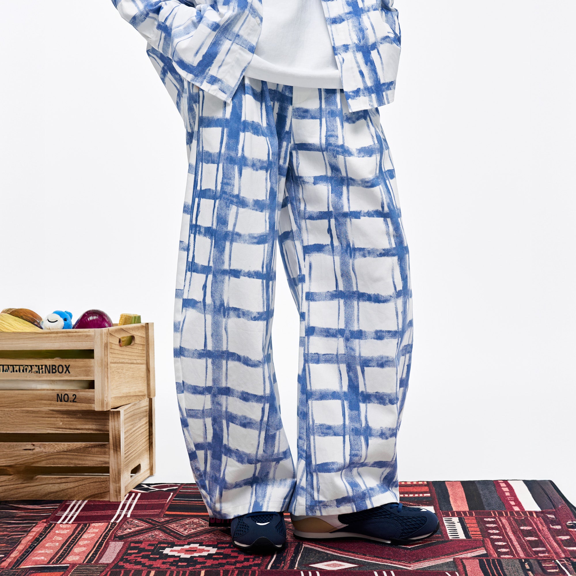 OVERLAPS Brush-Paint Grid Wide-Leg Pants, premium urban and streetwear designers apparel on PROJECTISR.com, OVERLAPS