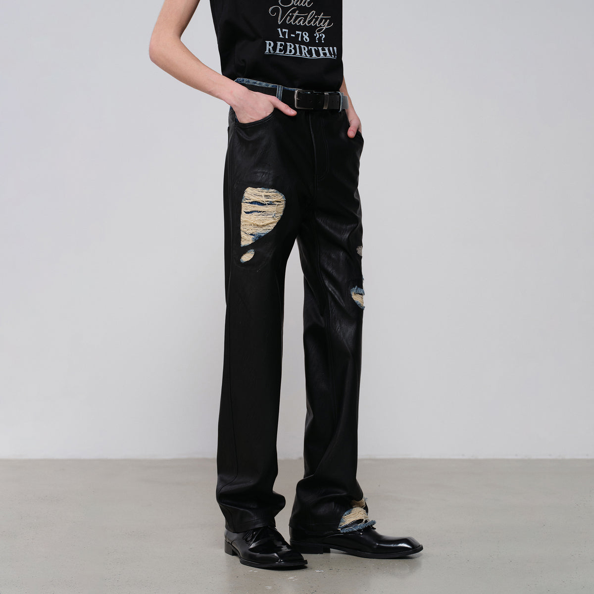 FACEONLAB Faux Leather Spliced Distressed Punk Jeans
