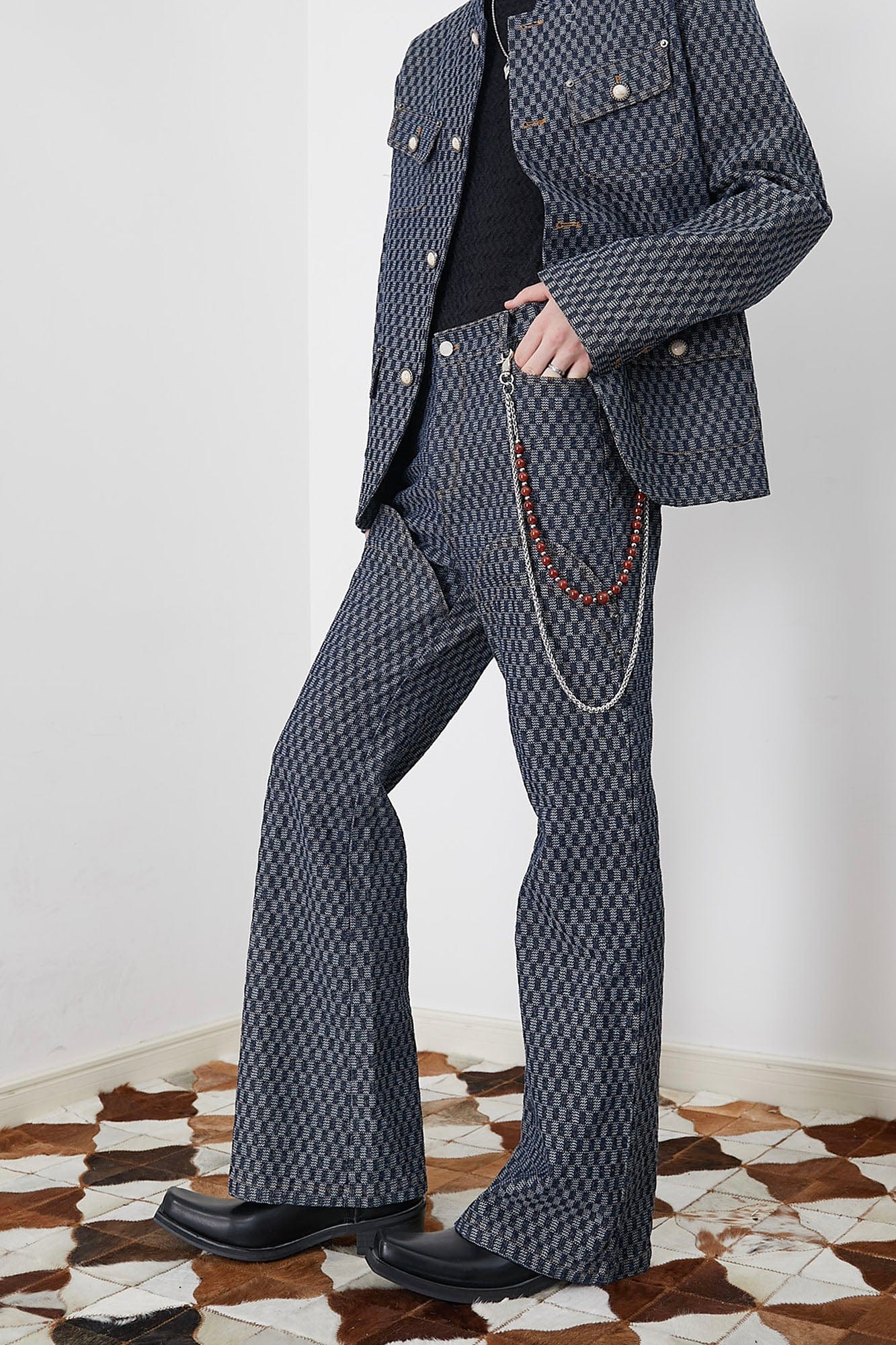 ASSEEN Checkerboard Knee Paneled Flared Jeans, premium urban and streetwear designers apparel on PROJECTISR.com, ASSEEN