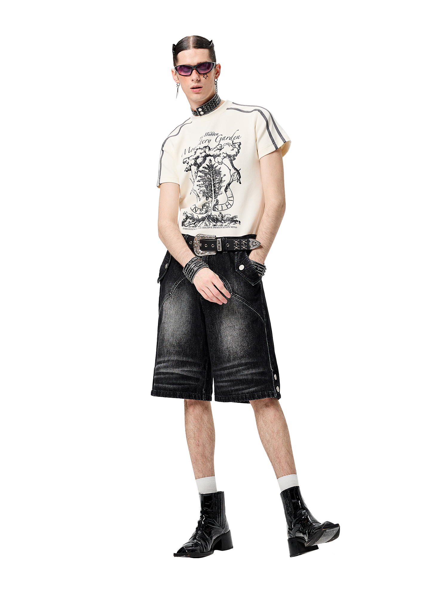CYCYCY Retro Washed Paneled Denim Shorts