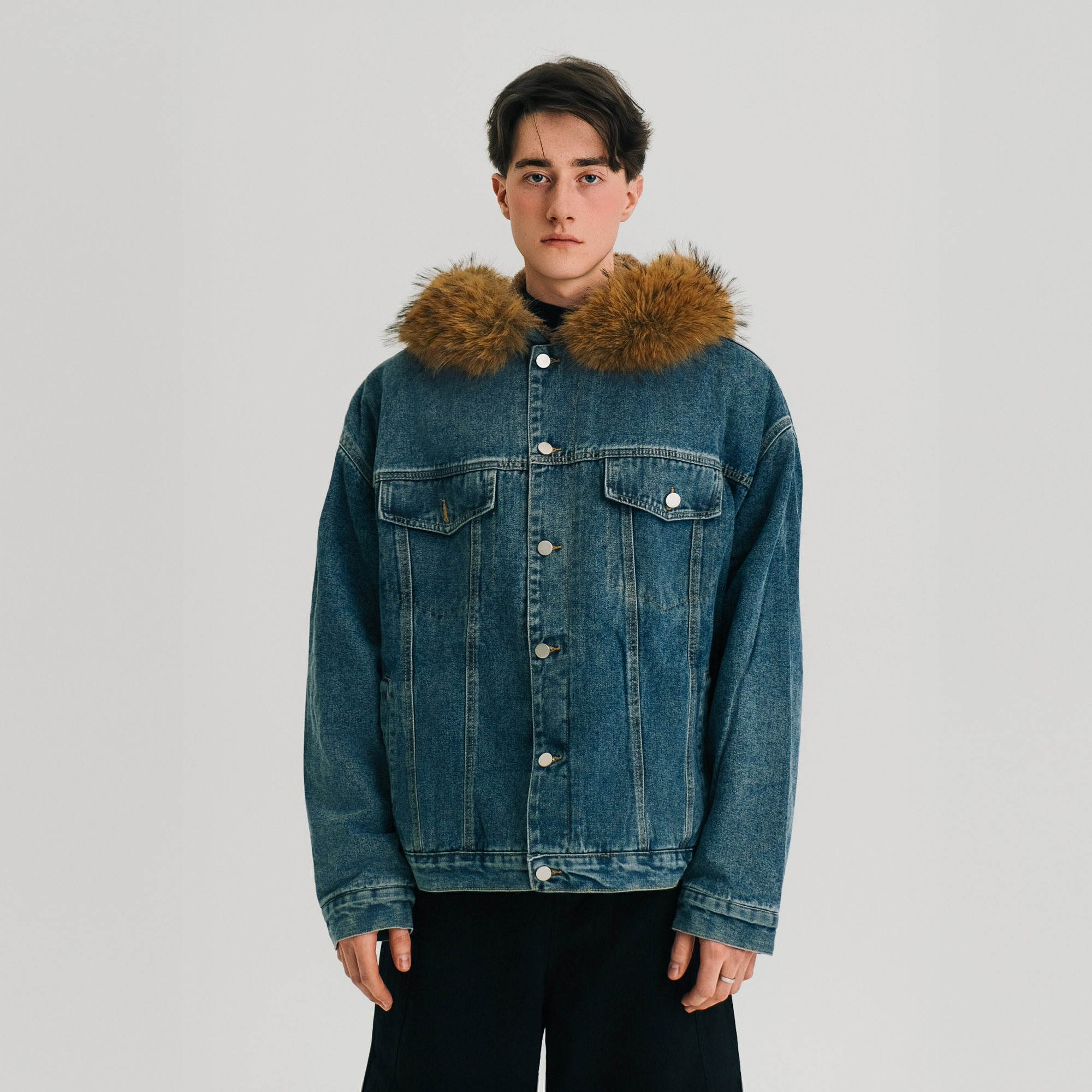 WIID Detachable Faux Fur-Collared Denim Jacket