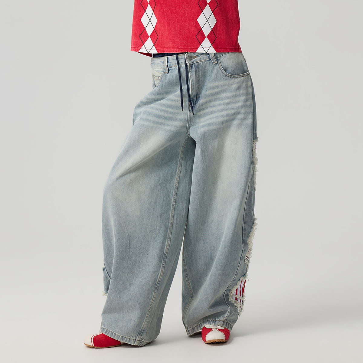 HAHAHA STUDIOS Spliced Distressed Wide-Leg Jeans