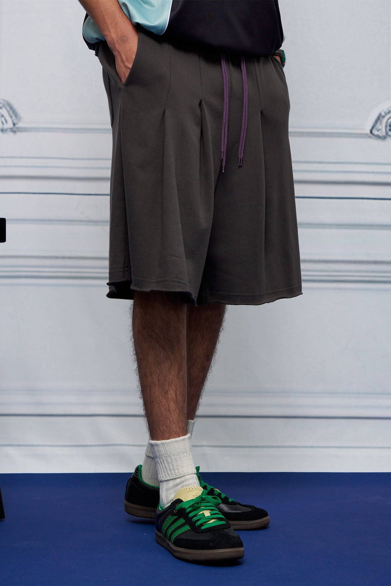 UNLIMITED MOTE Multi-Pleated Drawstring Raw-Hem Shorts, premium urban and streetwear designers apparel on PROJECTISR.com, UNLIMITED MOTE