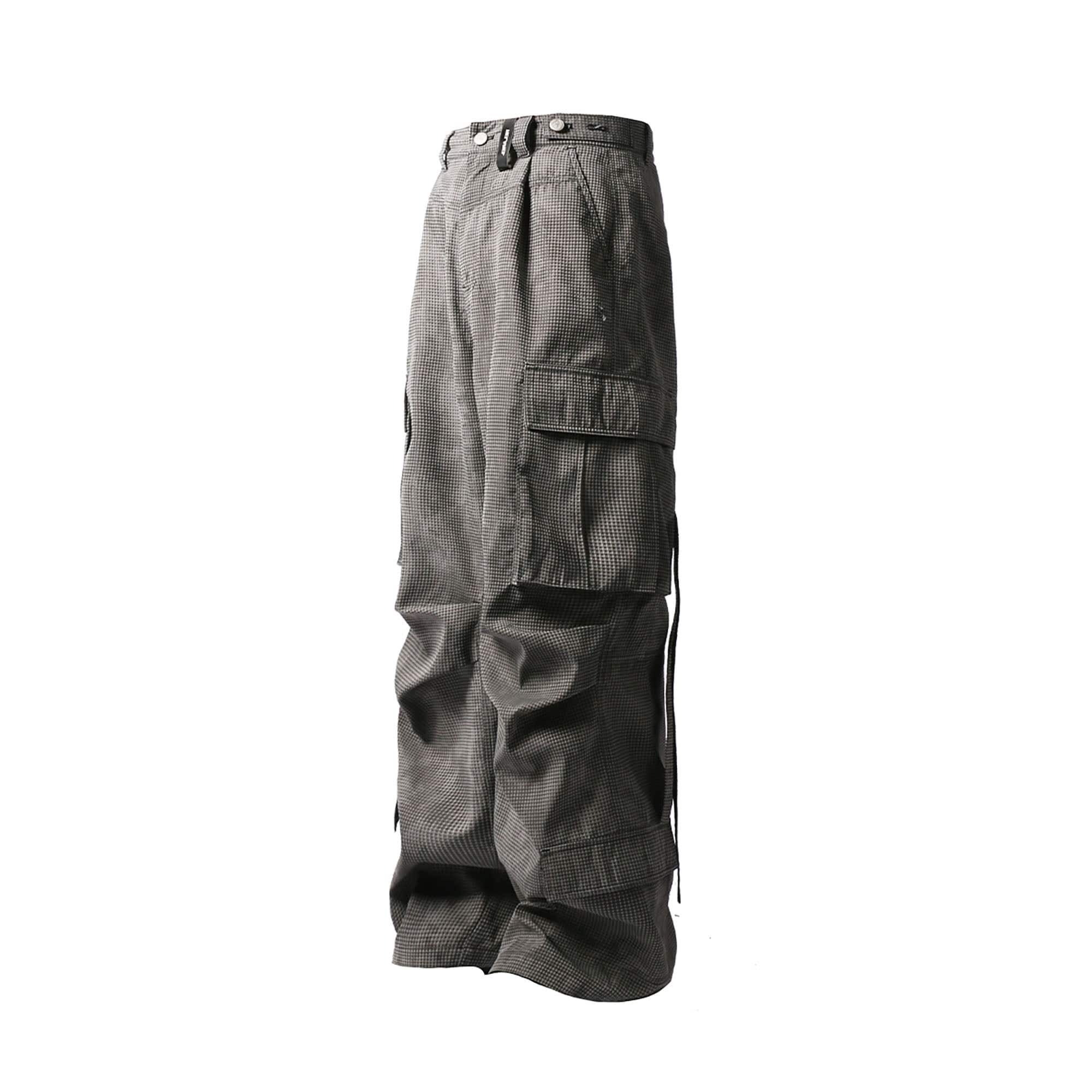 RELABEL Mini Checker Multi-Pocket Strap Pleated Cargo Pants Dark Gray, premium urban and streetwear designers apparel on PROJECTISR.com, RELABEL