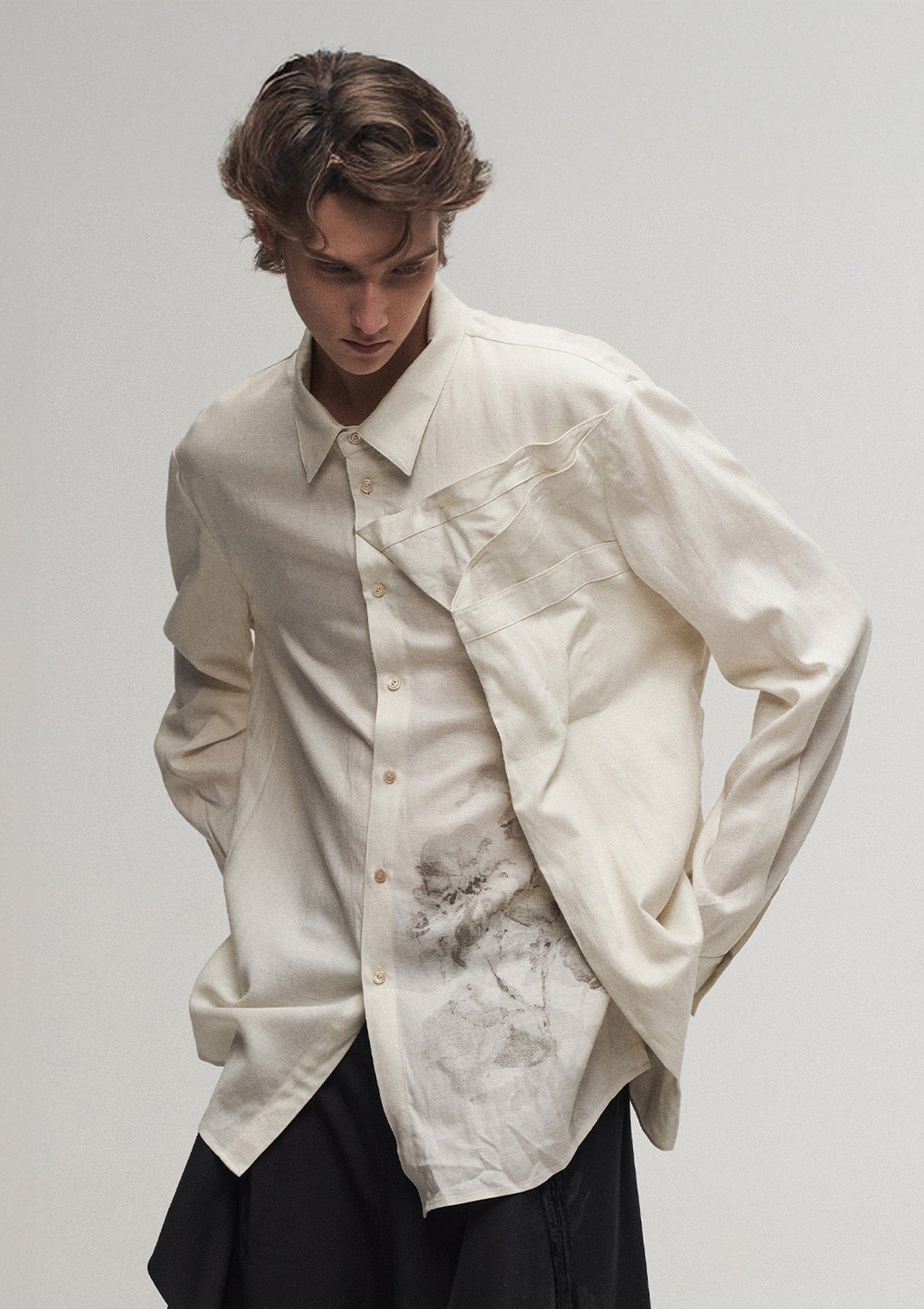 ILNya Nieternite Nifutur Asymmetric Floral Folded Drape Panel Shirt, premium urban and streetwear designers apparel on PROJECTISR.com, ILNya Nieternite Nifutur