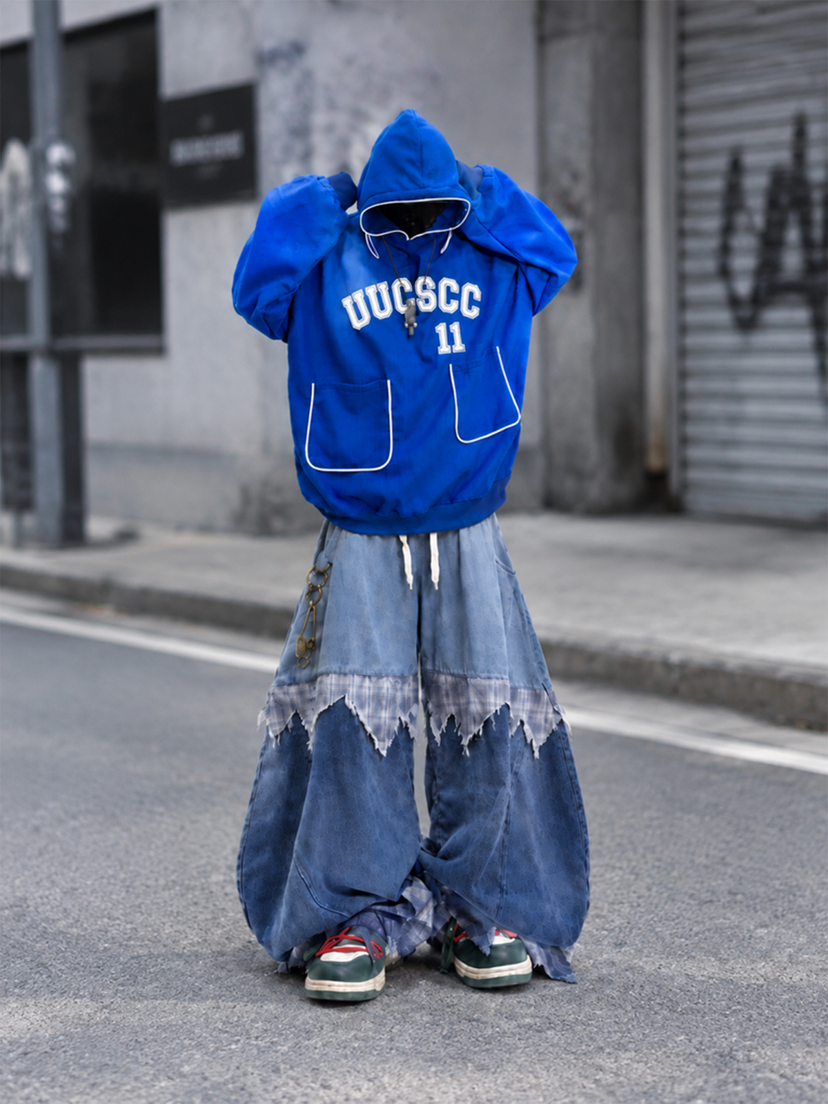 UUCSCC Spliced Distressed Plaid Wide-Leg Jeans