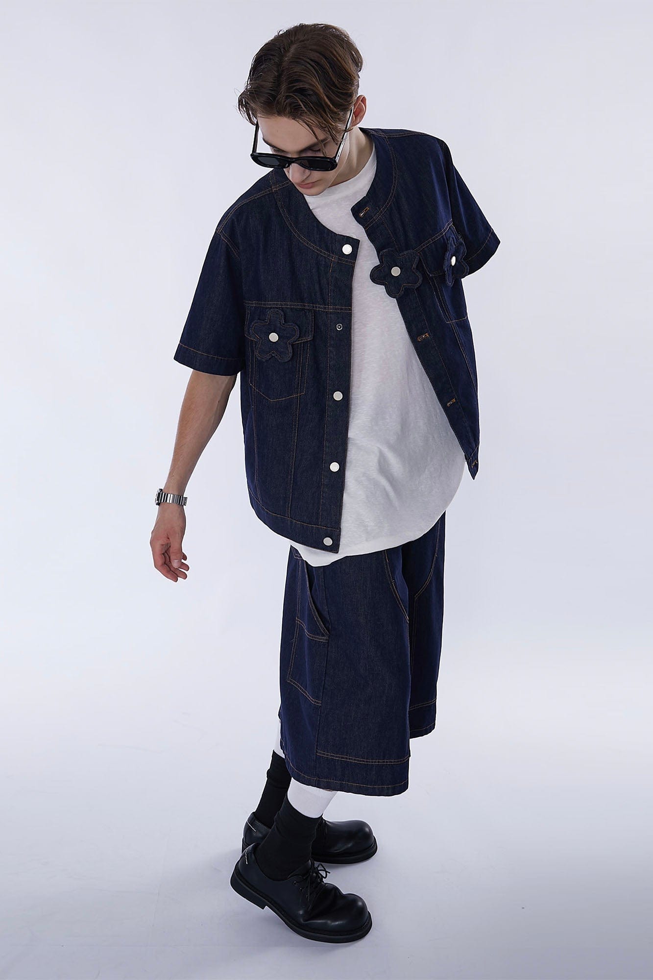 ASSEEN Flower Patchwork Stitched Raw Denim Half Shirt, premium urban and streetwear designers apparel on PROJECTISR.com, ASSEEN