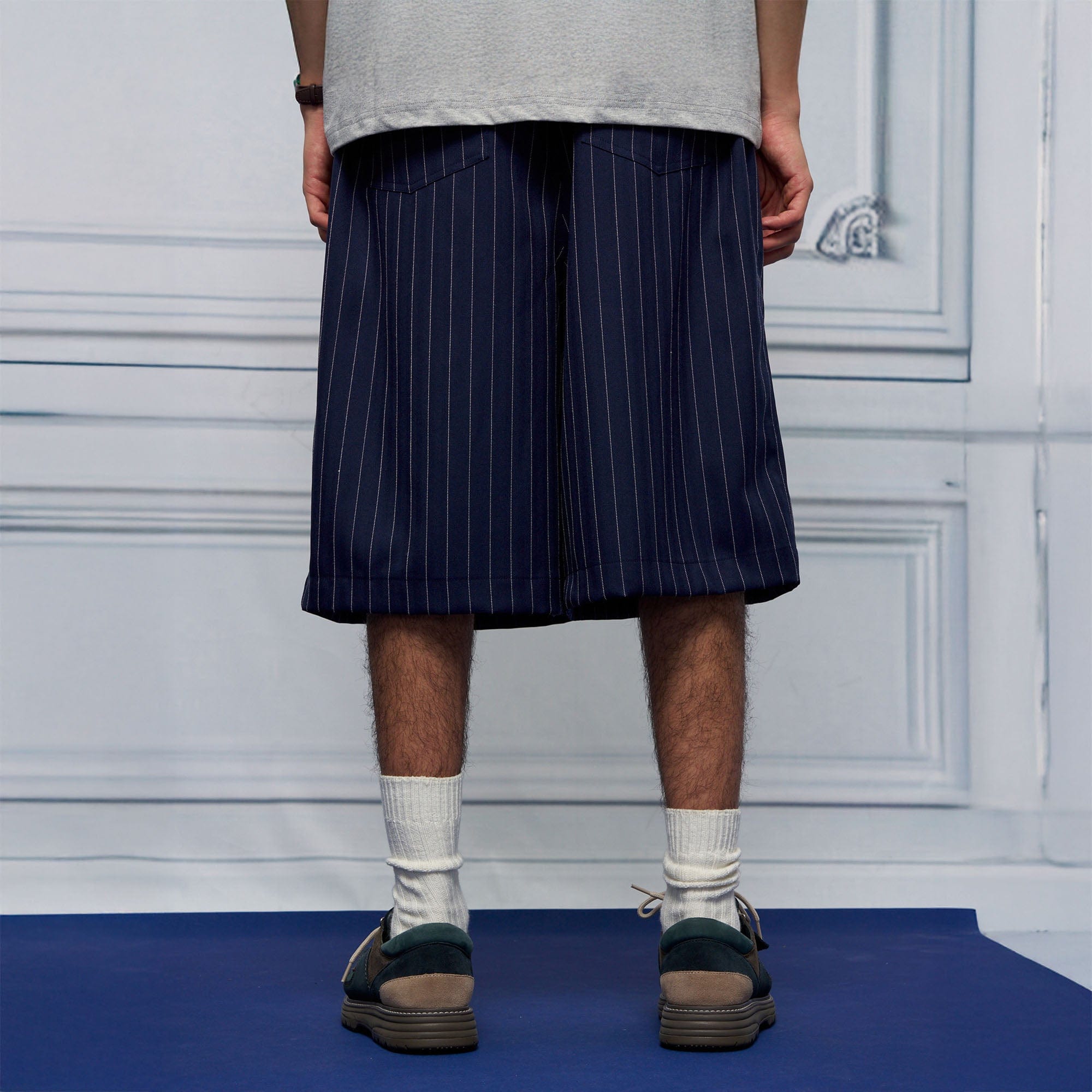 UNLIMITED MOTE Pleated Wide-Leg Drawstring Shorts Stripe, premium urban and streetwear designers apparel on PROJECTISR.com, UNLIMITED MOTE