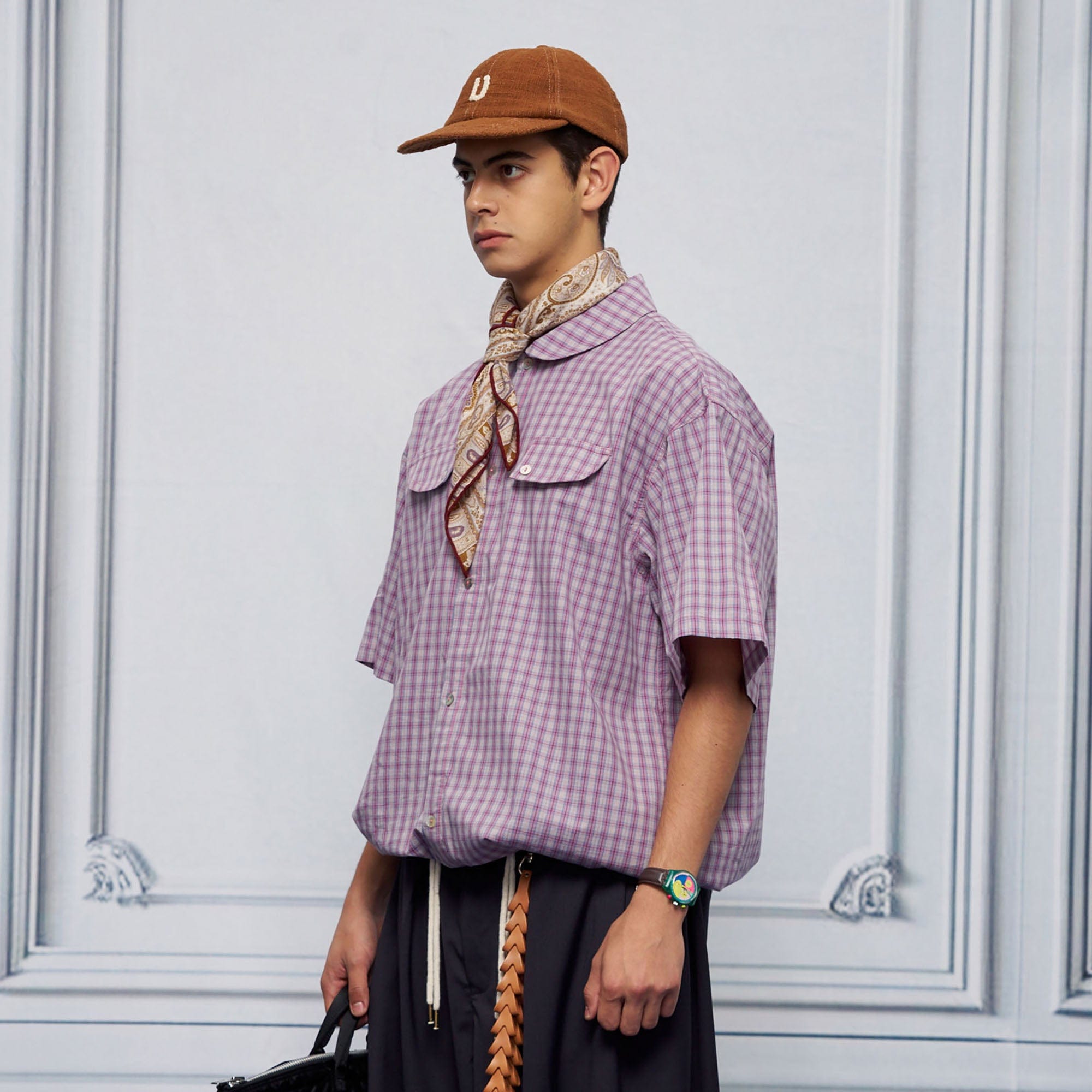 UNLIMITED MOTE Drawstring Hem Plaid Peter Pan Collar Half Shirt, premium urban and streetwear designers apparel on PROJECTISR.com, UNLIMITED MOTE