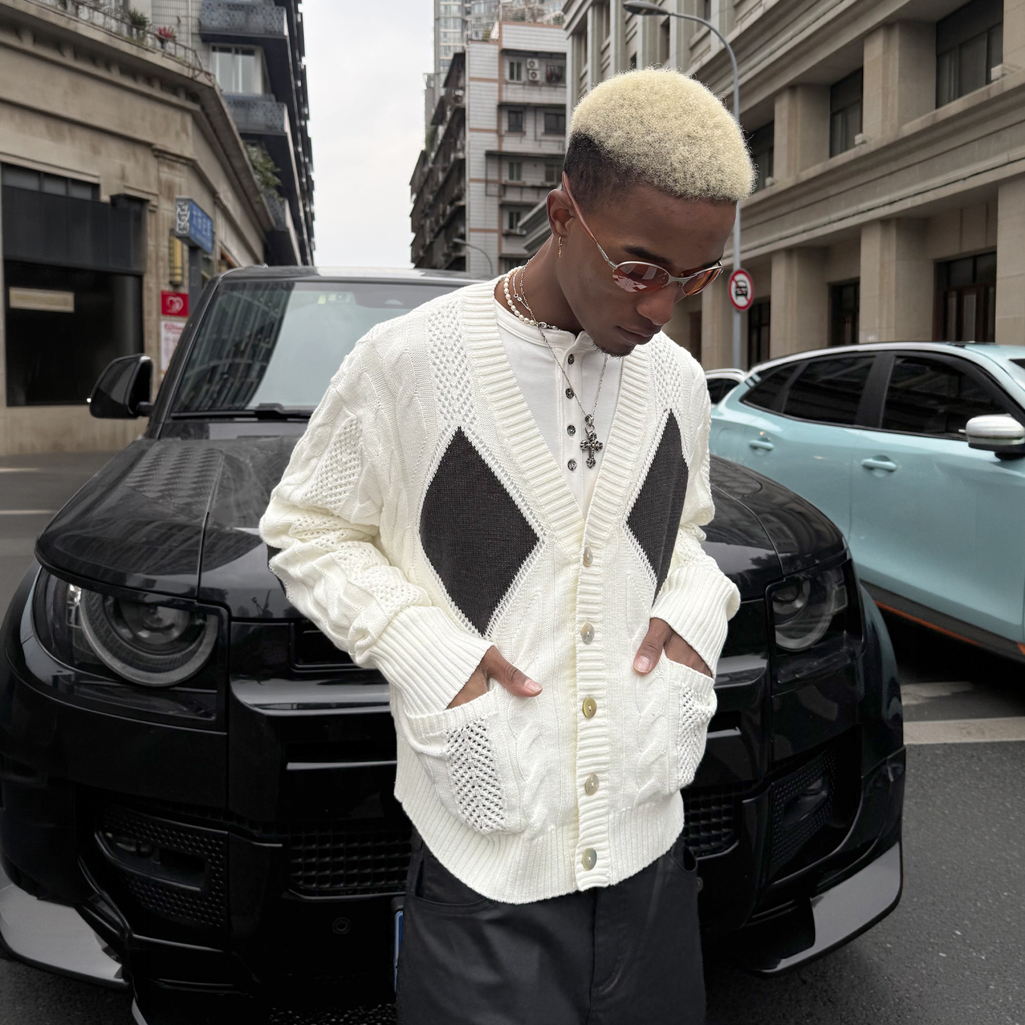 STEEPC Retro Cable-Knit Argyle V-Neck Cardigan, premium urban and streetwear designers apparel on PROJECTISR.com, STEEPC