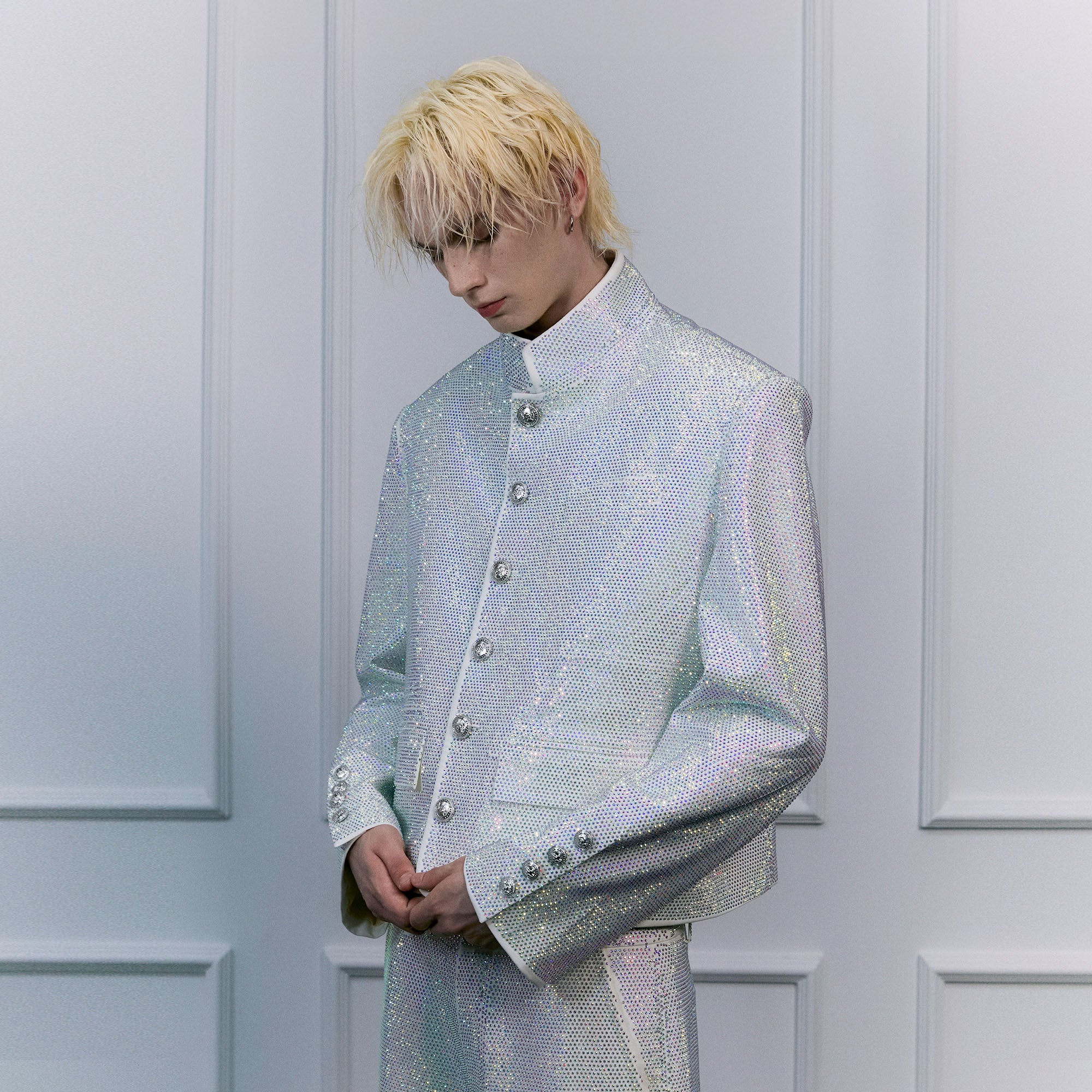 FACEONLAB Iridescent Diamond Mandarin Collar Jacket, premium urban and streetwear designers apparel on PROJECTISR.com, FACEONLAB