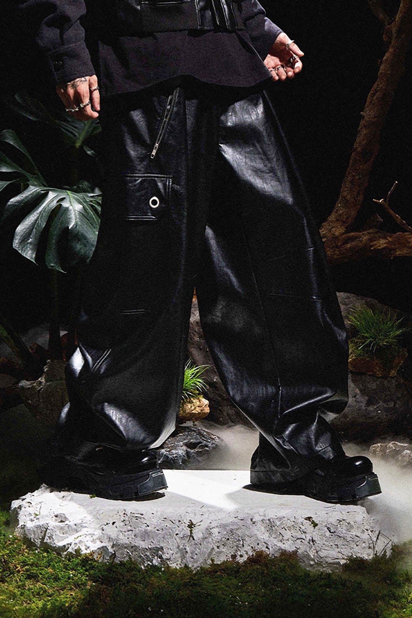 RELABEL Multi-Pocket Pleated Faux Leather Wide-Leg Pants, premium urban and streetwear designers apparel on PROJECTISR.com, RELABEL