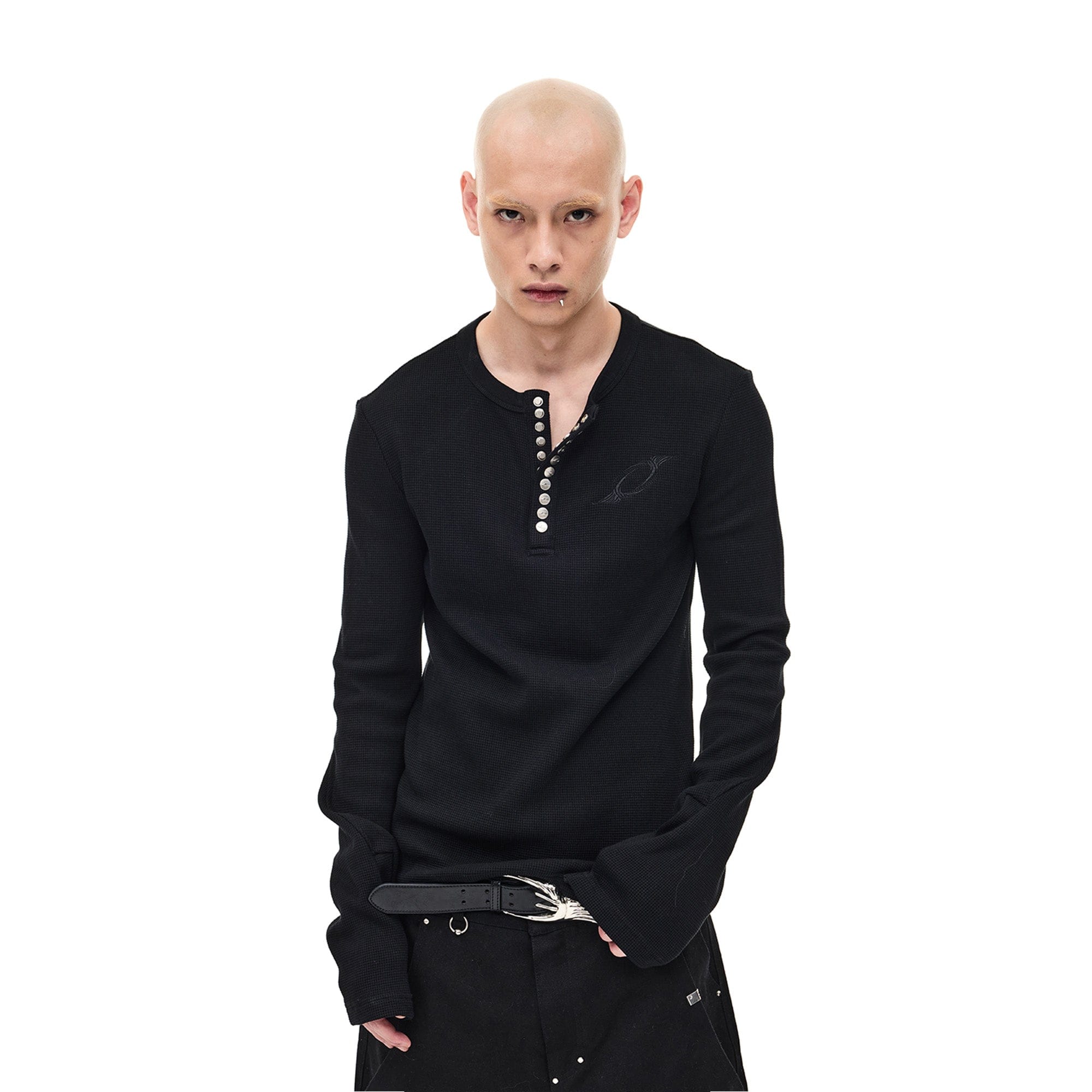 WHISTLEHUNTER Waffle-Knit Snap Henley Long-Sleeve Tee, premium urban and streetwear designers apparel on PROJECTISR.com, WHISTLEHUNTER
