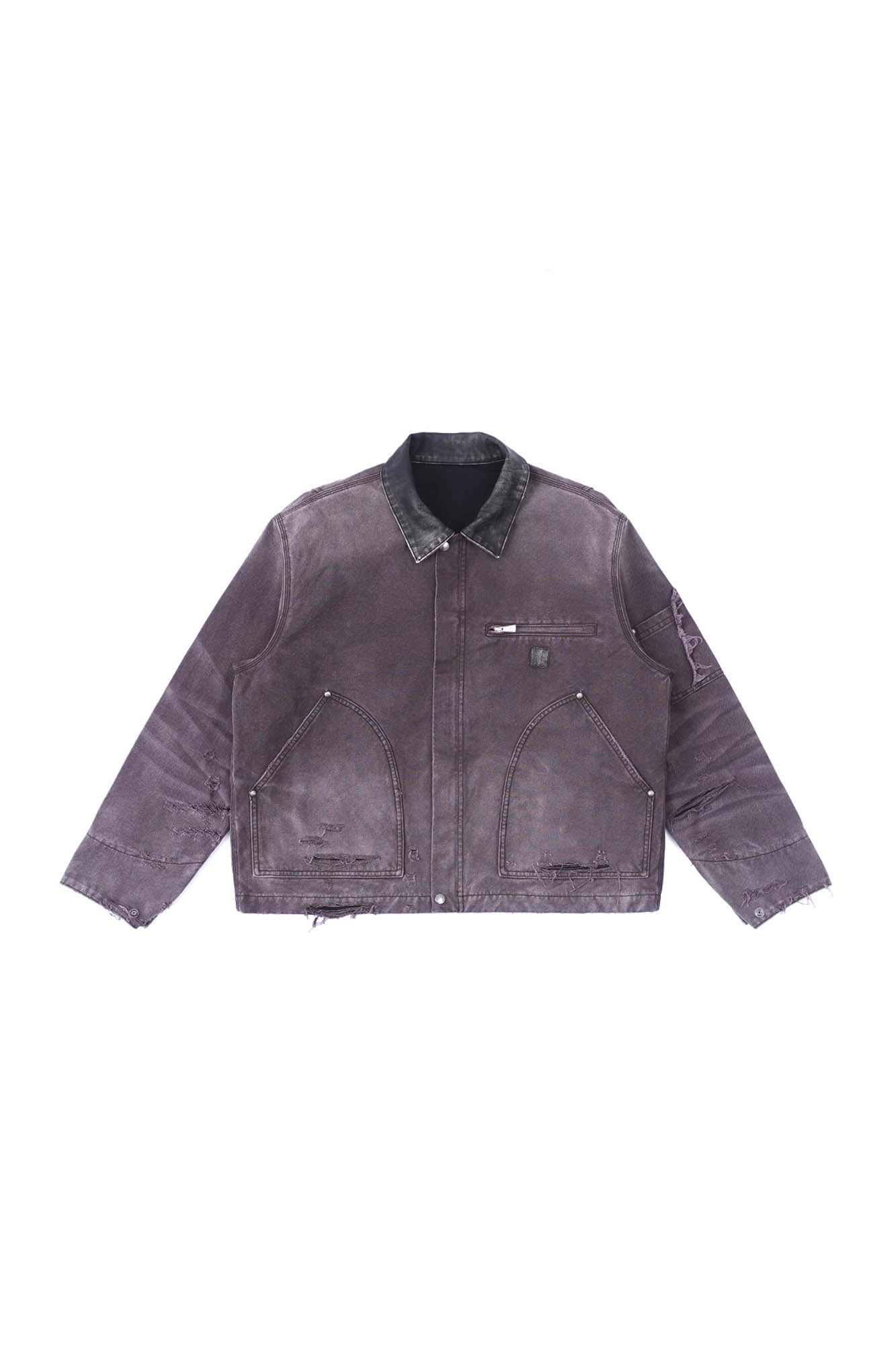 IN EXISTENCE Dirty-Washed Contrast Collar Detroit Jacket, premium urban and streetwear designers apparel on PROJECTISR.com, IN EXISTENCE