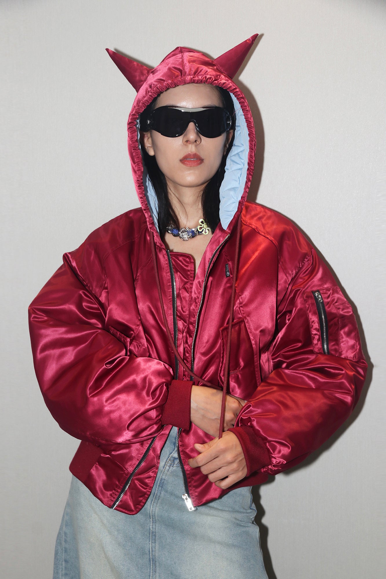ASSEEN Devil-Horn Satin Hooded Bomber Jacket