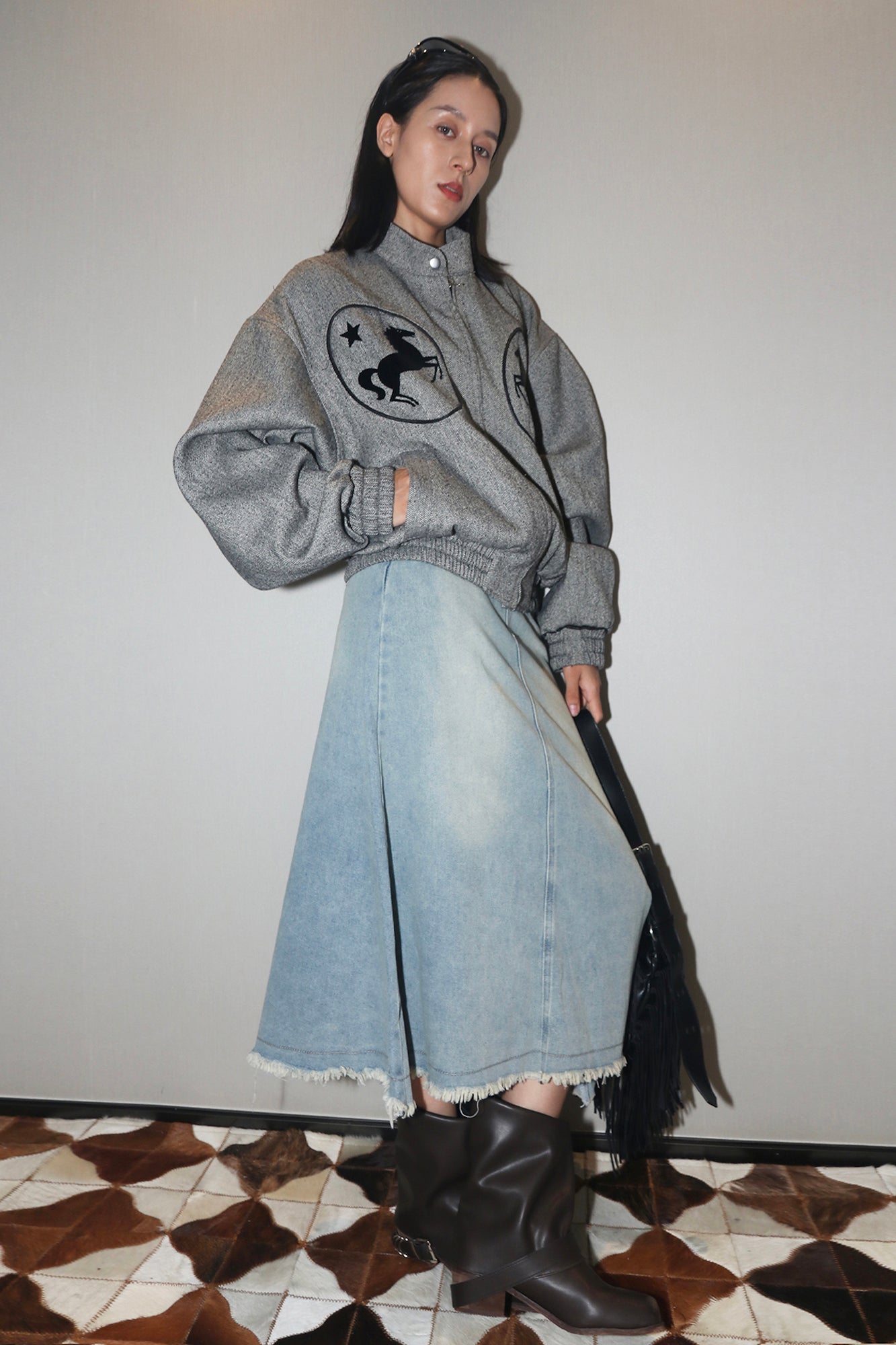 ASSEEN Horse Graphic Herringbone Bomber Jacket
