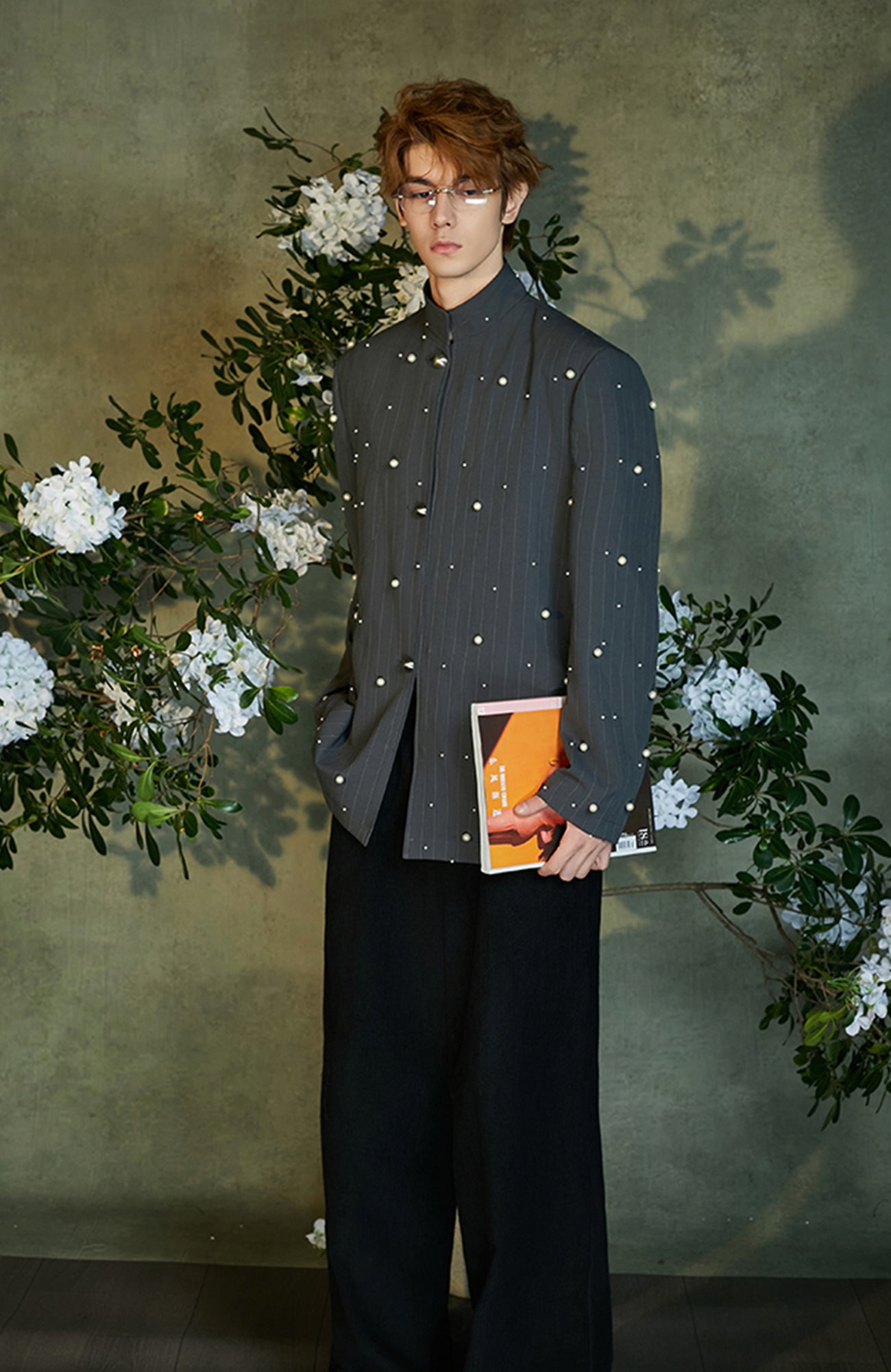 JIECHI Pearl Embellished Stripe Mandarin Shirt