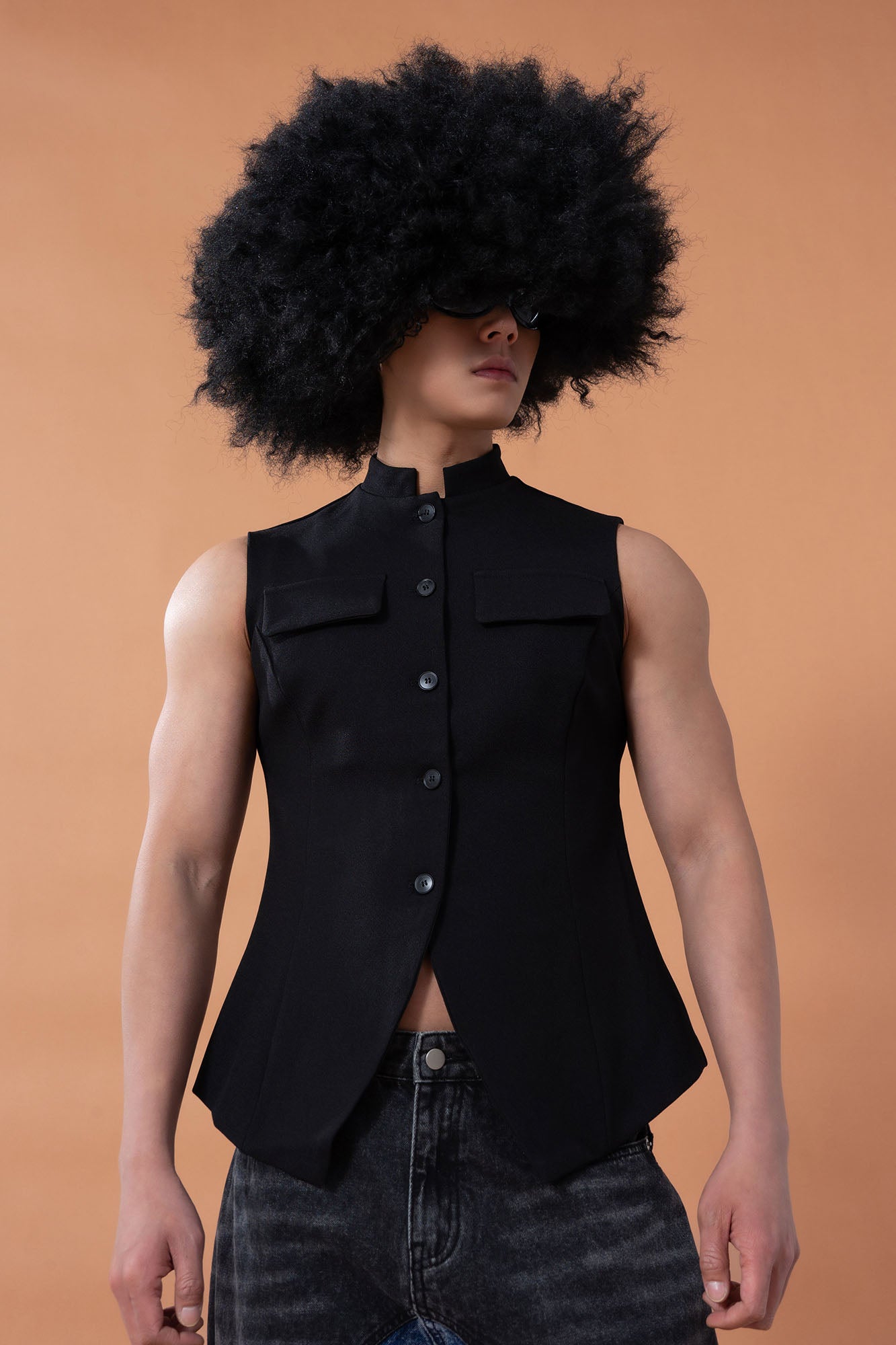 CLP Mandarin-Collar Curved-Placket Button Vest, premium urban and streetwear designers apparel on PROJECTISR.com, CLP