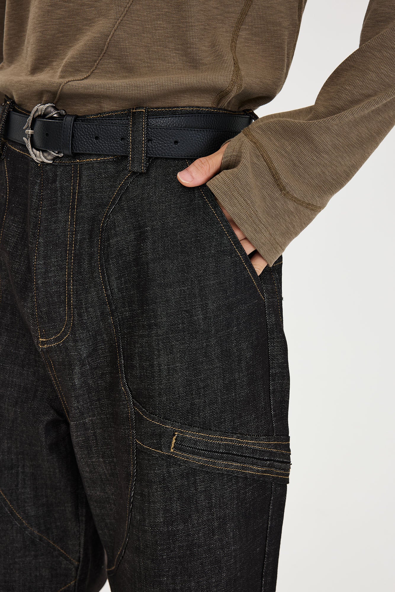 CATSSTAC Retro Curved Seam Panel Raw Jeans, premium urban and streetwear designers apparel on PROJECTISR.com, CATSSTAC