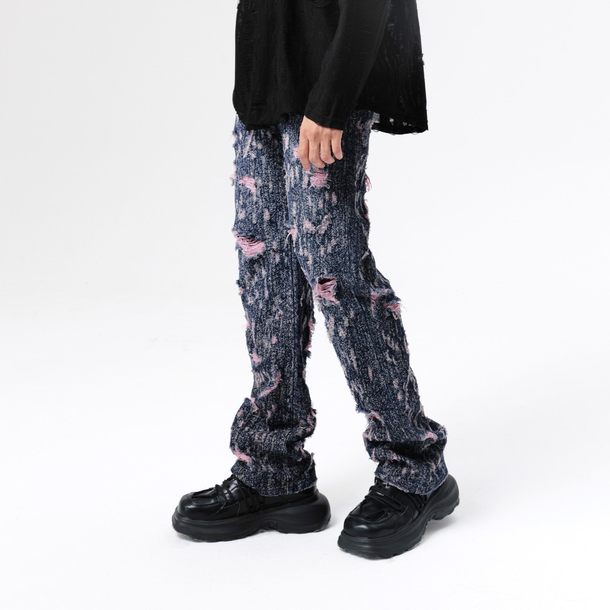 VANN VALRENCE Distressed Washed High-Waisted Straight-Leg Jeans