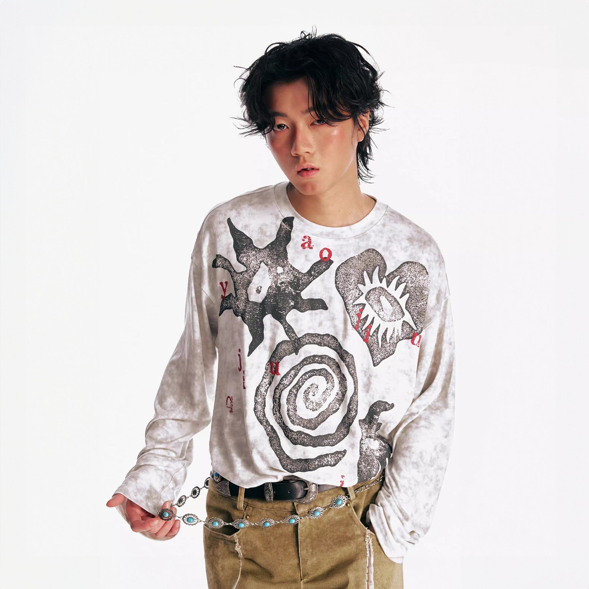 1997 POSTOFFICE Distressed Tribal Graphics Long-Sleeve Tee, premium urban and streetwear designers apparel on PROJECTISR.com, 1997 POSTOFFICE