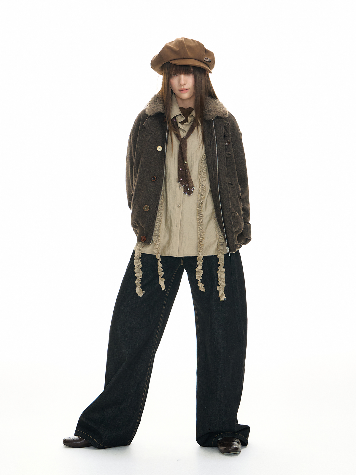 TGNS Striped Faux Fur Collar Cotton-Padded Jacket