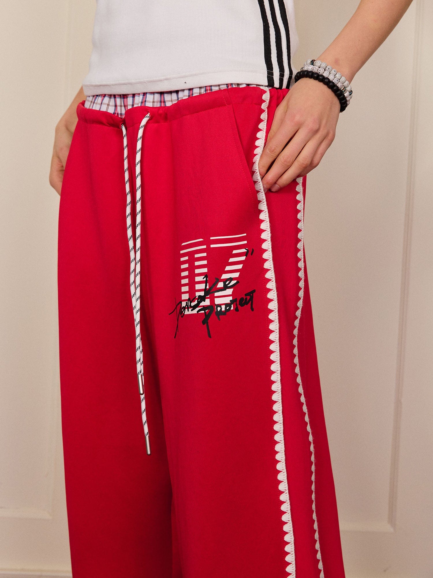 DONSMOKE Plaid Double-Waist Contrast Webbing Sweatpants, premium urban and streetwear designers apparel on PROJECTISR.com, DONSMOKE